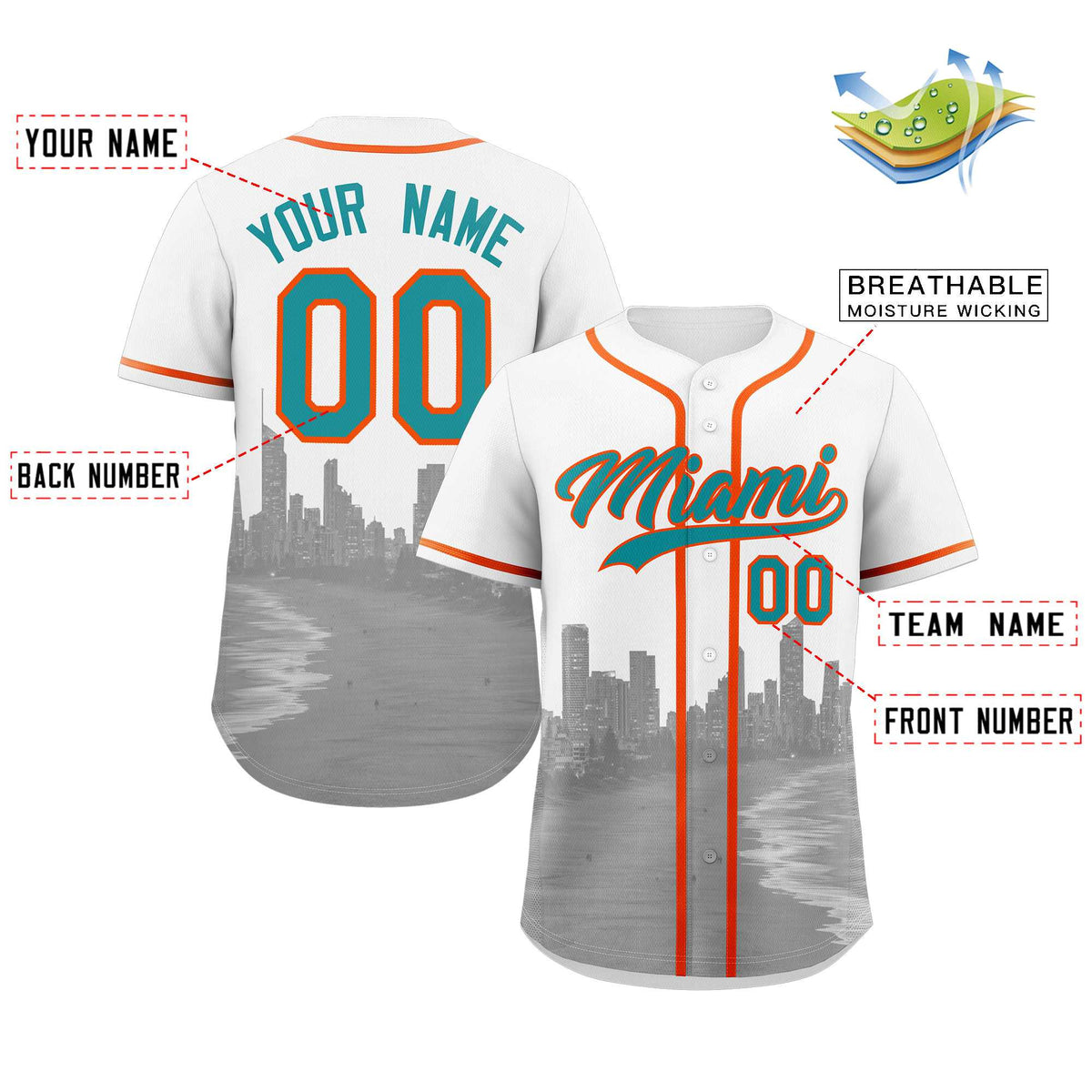 Custom White Aqua-Orange Miami City Connect Baseball Jersey