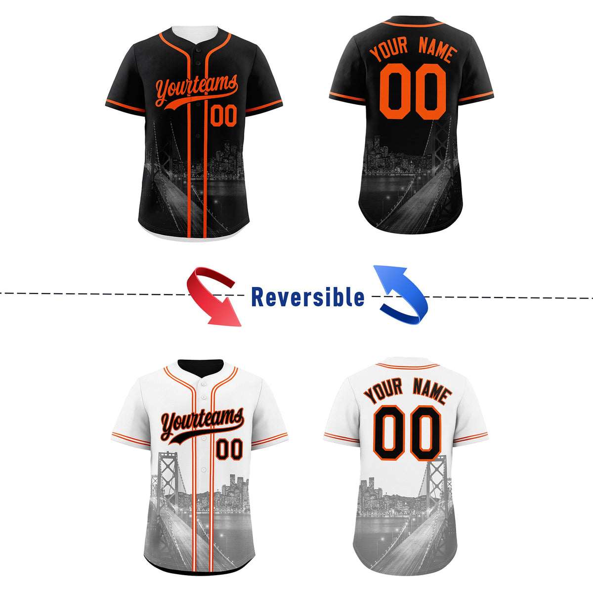 Custom Black White Orange Reversible City Edition Graffiti Pattern Breathable Baseball Jersey| KXKSHOP