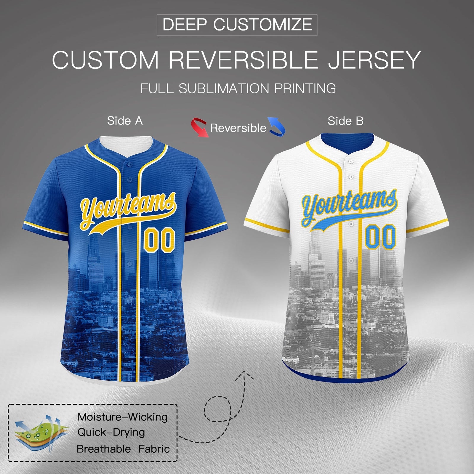 Custom Royal Blue White Reversible City Edition Graffiti Pattern Stretch Fabric Baseball Jersey| KXKSHOP