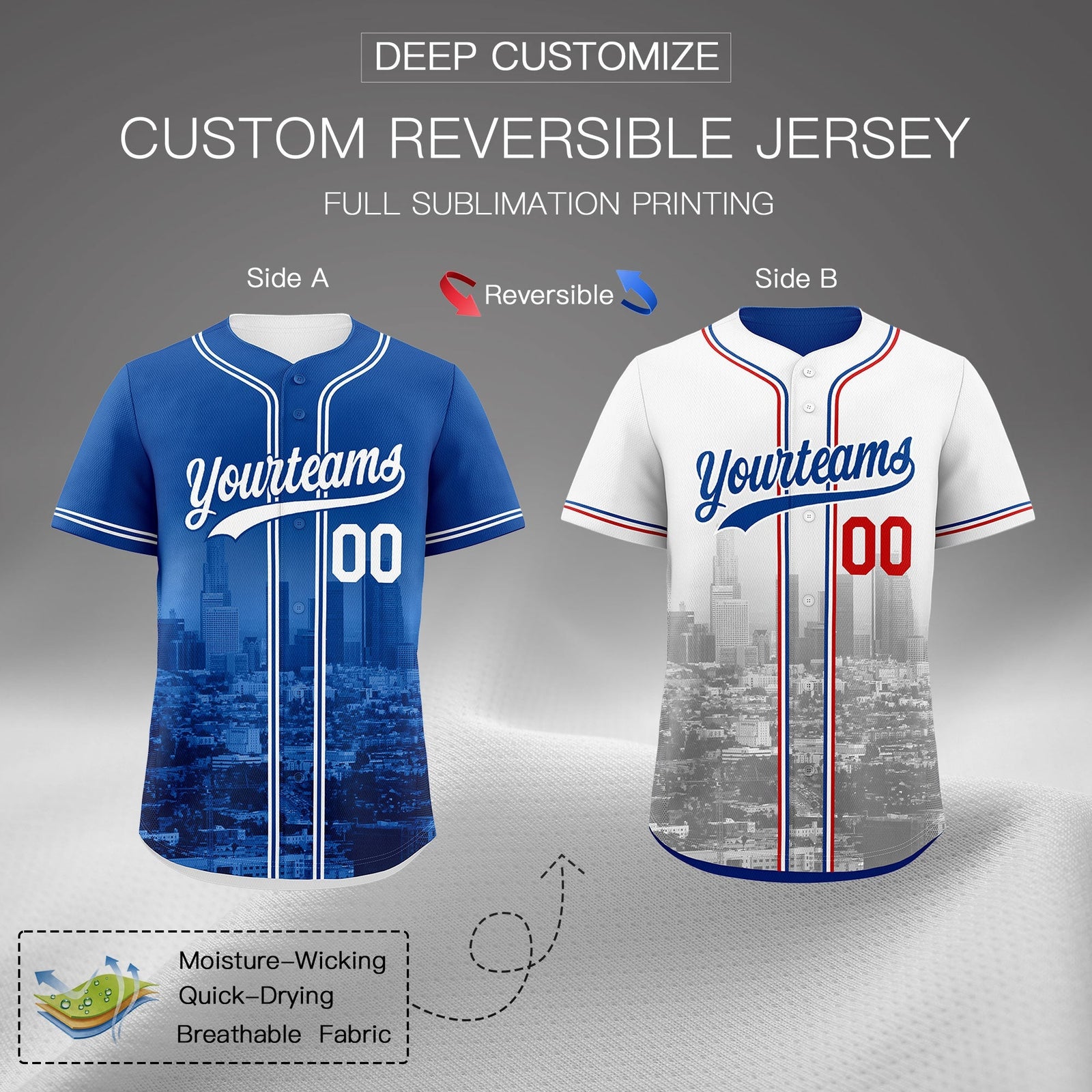 Custom Royal Blue White Red Reversible City Edition Graffiti Pattern Breathable Baseball Jersey| KXKSHOP