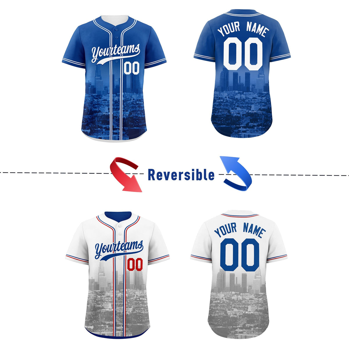 Custom Royal Blue White Red Reversible City Edition Graffiti Pattern Breathable Baseball Jersey| KXKSHOP