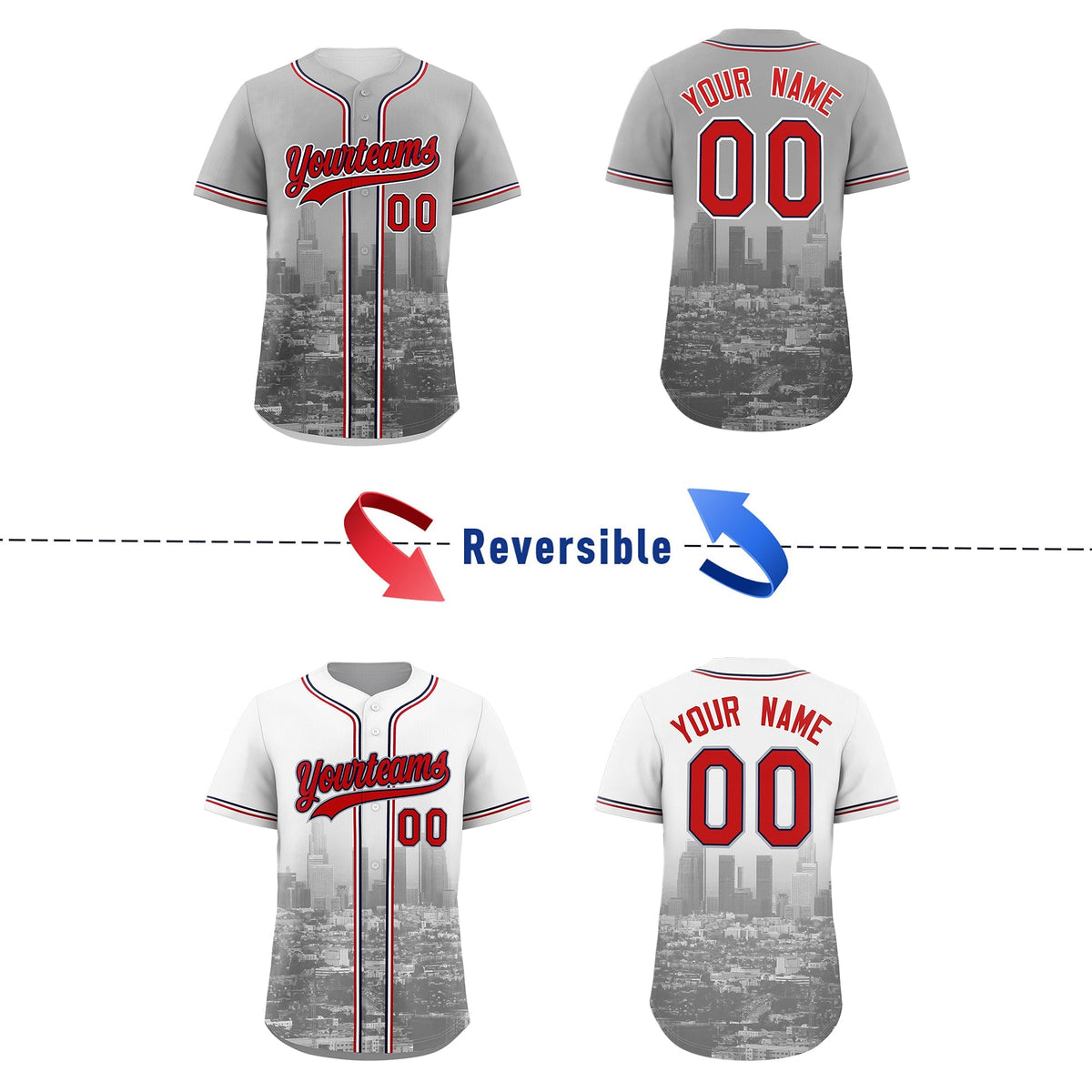 Custom Gray White Red Reversible City Edition Graffiti Pattern Breathable Baseball Jersey| KXKSHOP