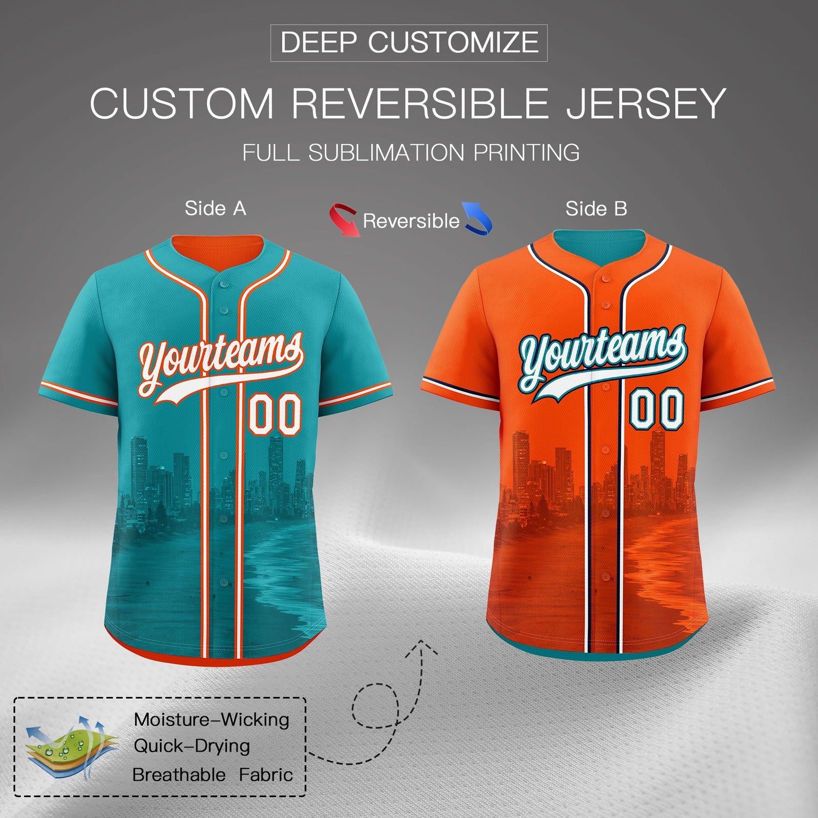 Custom Teal Orange Reversible City Edition Graffiti Pattern Stretch Fabric Baseball Jersey| KXKSHOP