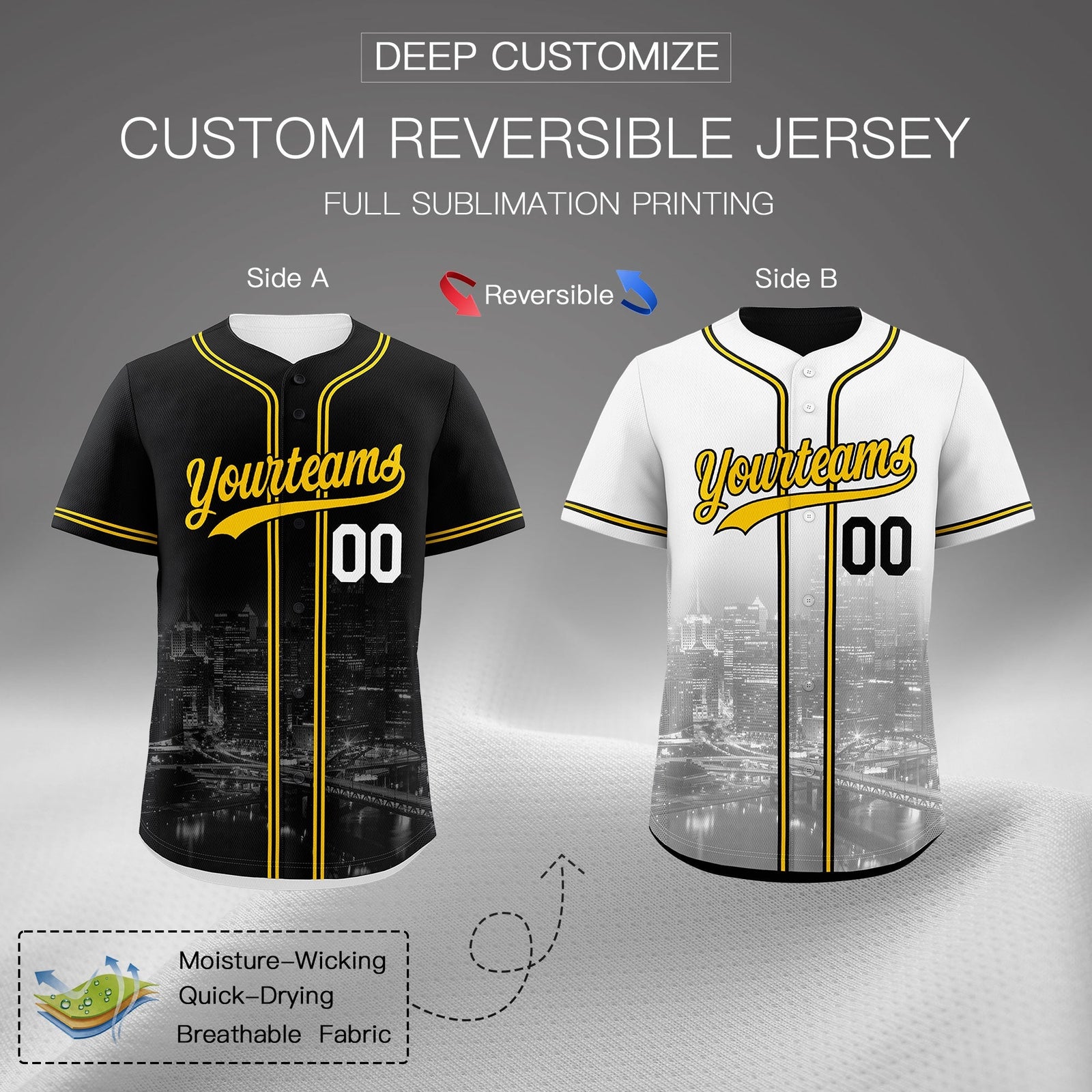 Custom Black White Reversible City Edition Graffiti Pattern Stretch Fabric Baseball Jersey| KXKSHOP