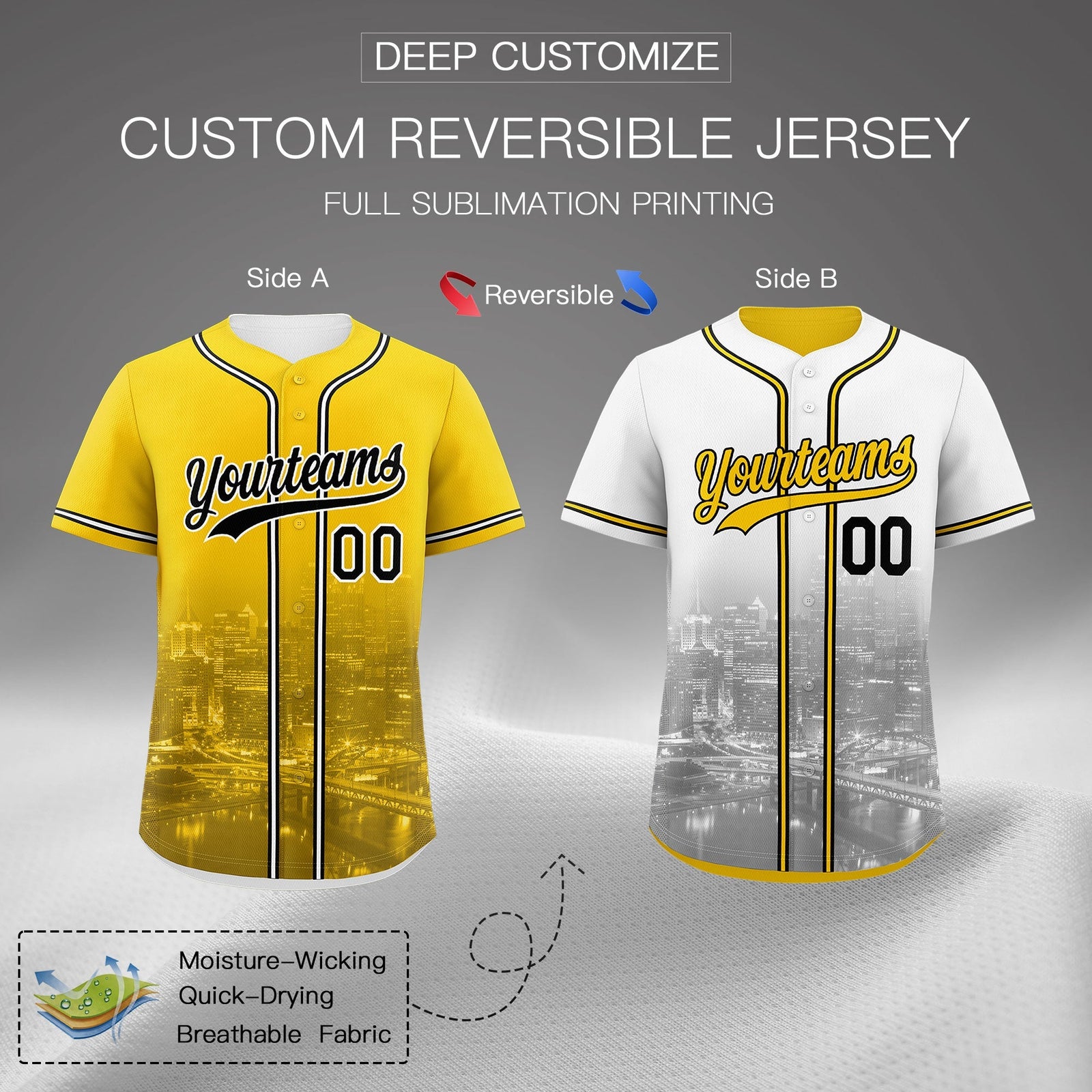 Custom Gold White Black Reversible City Edition Graffiti Pattern Wrinkle-Resistant Baseball Jersey| KXKSHOP