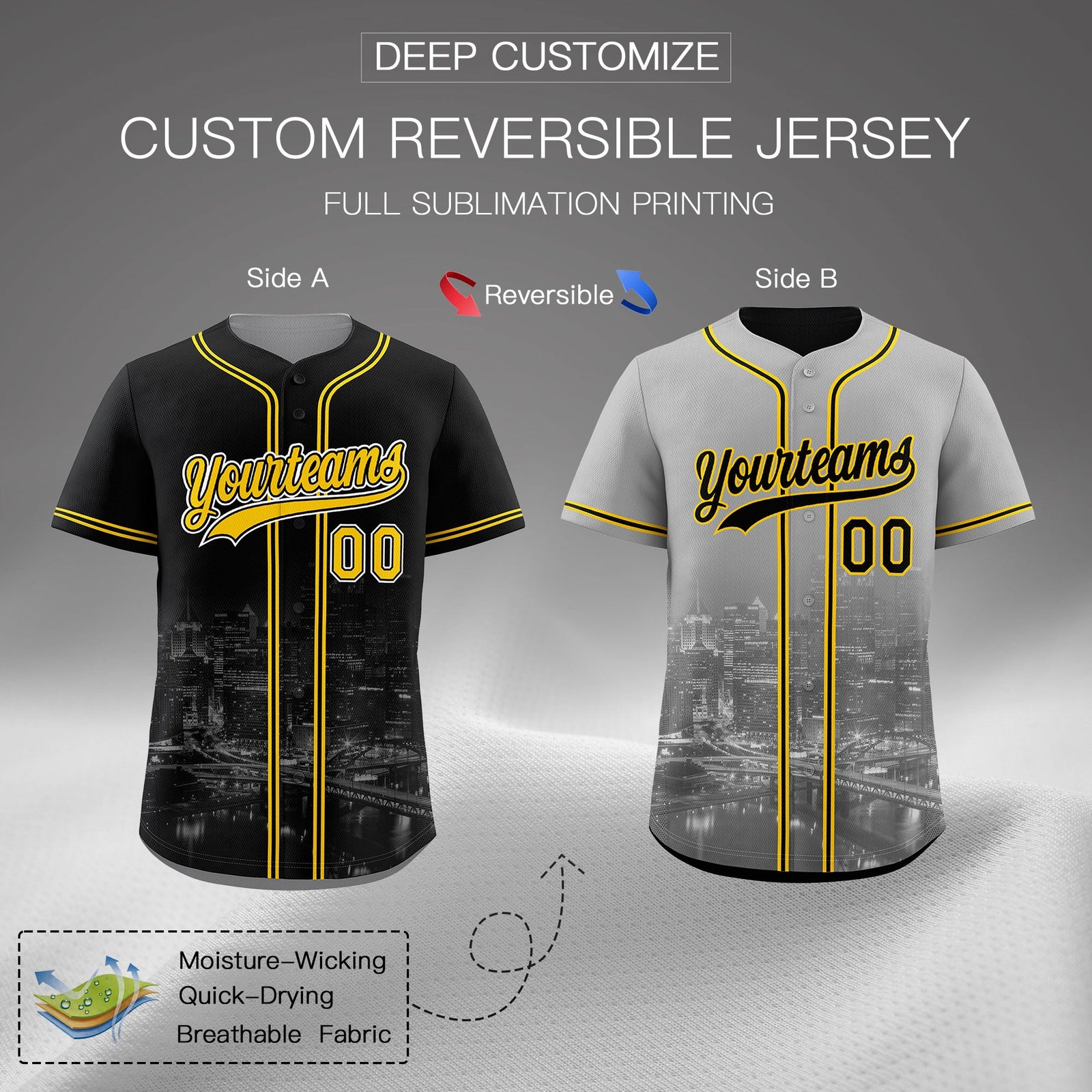 Custom Black Gold Grey Reversible City Edition Graffiti Pattern Breathable Baseball Jersey| KXKSHOP