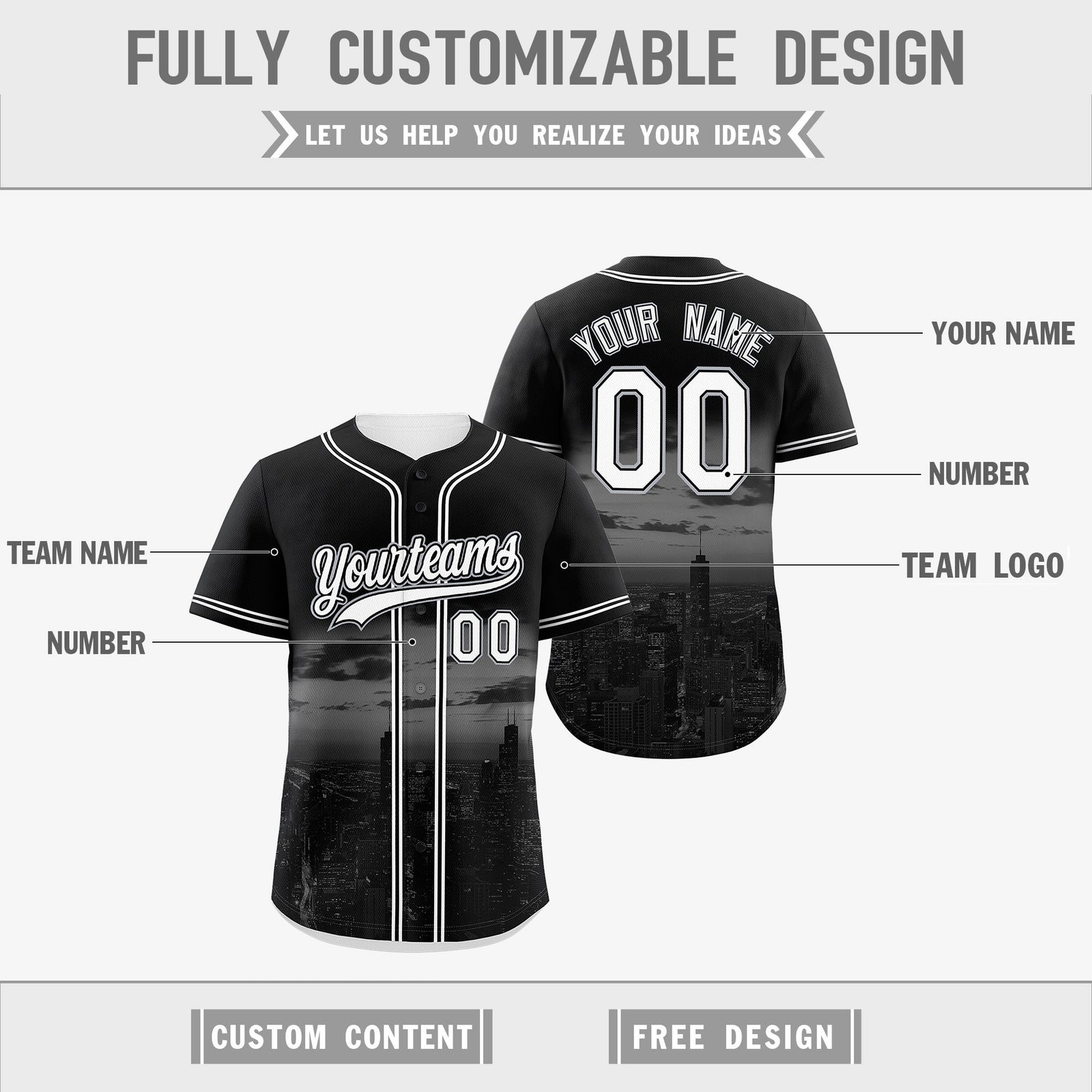 Custom Black White Reversible City Edition Graffiti Pattern Stretch Fabric Baseball Jersey| KXKSHOP