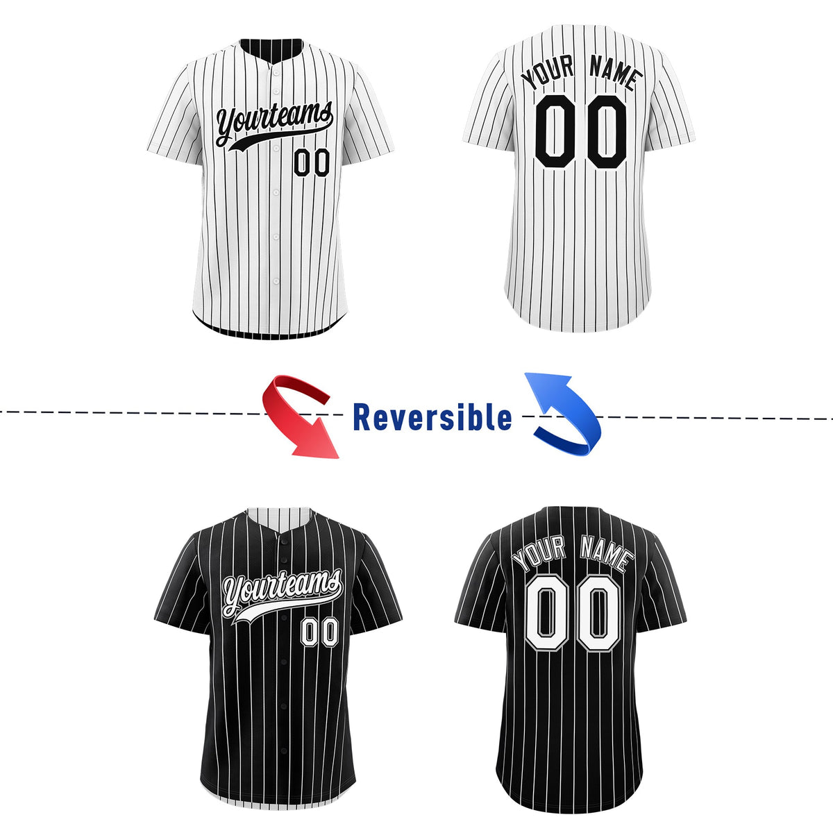 Custom Black White Reversible Stripe Fashion Baseball Jersey| KXKSHOP