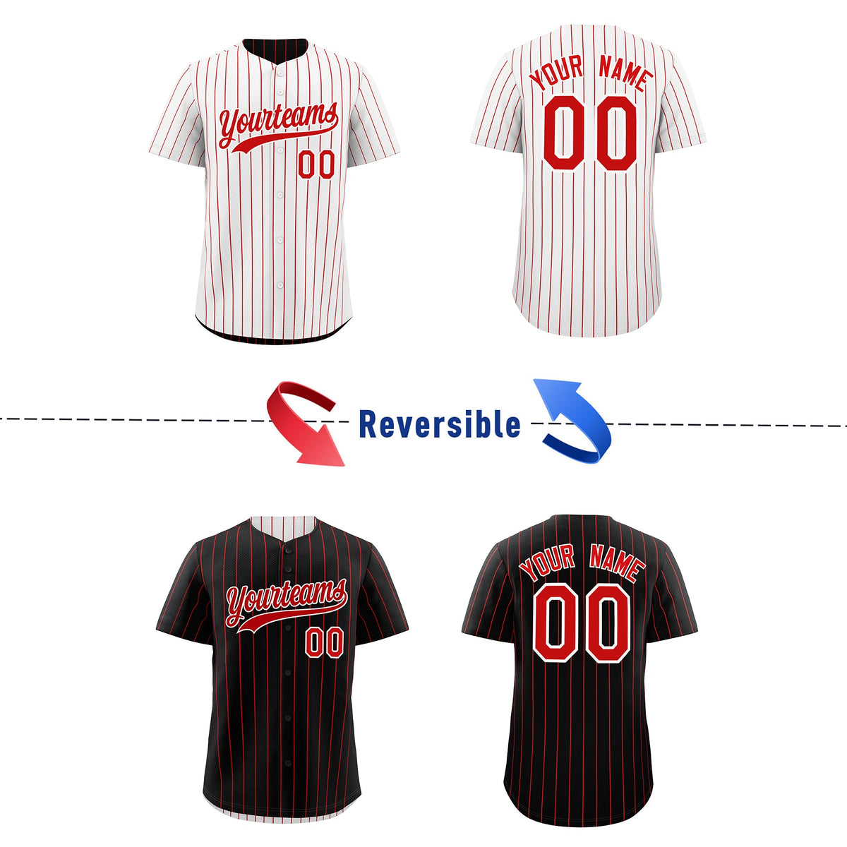 Custom Red White Reversible Stripe Fashion Baseball Jersey| KXKSHOP