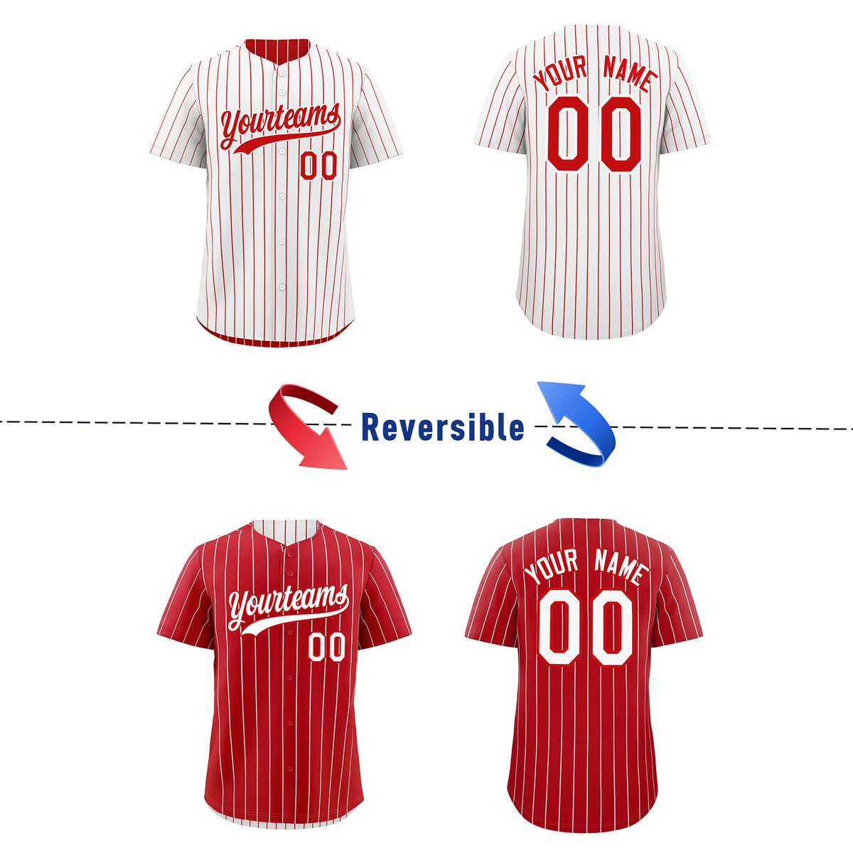 Custom Red White Reversible Stripe Fashion Baseball Jersey| KXKSHOP