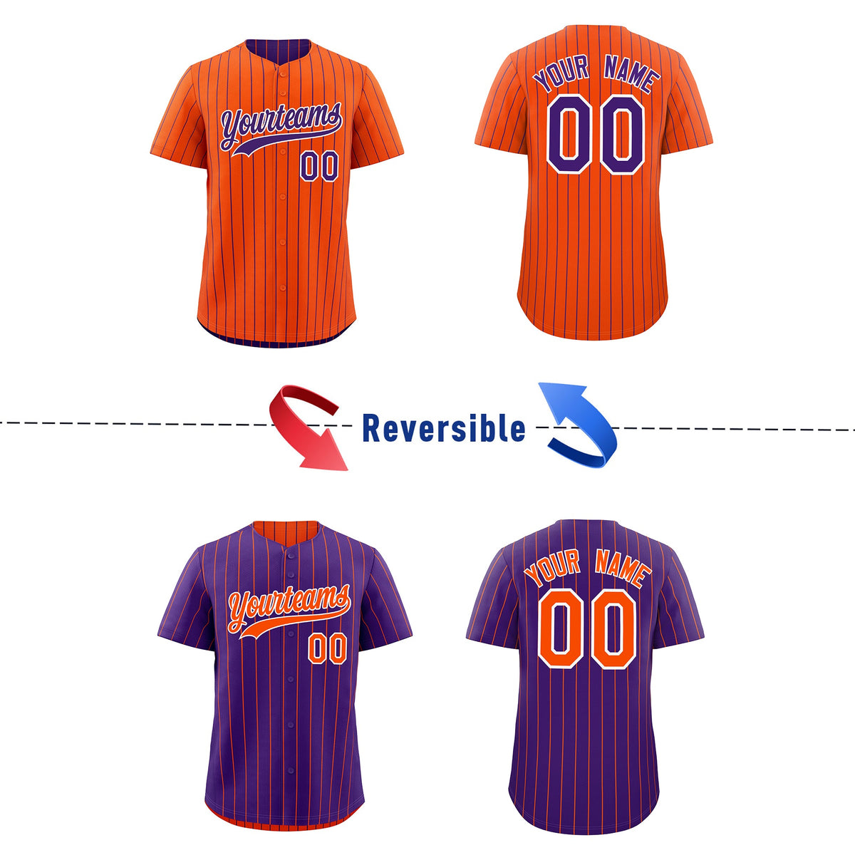 Custom Purple White Orange Reversible Stripe Fashion Baseball Jersey| KXKSHOP