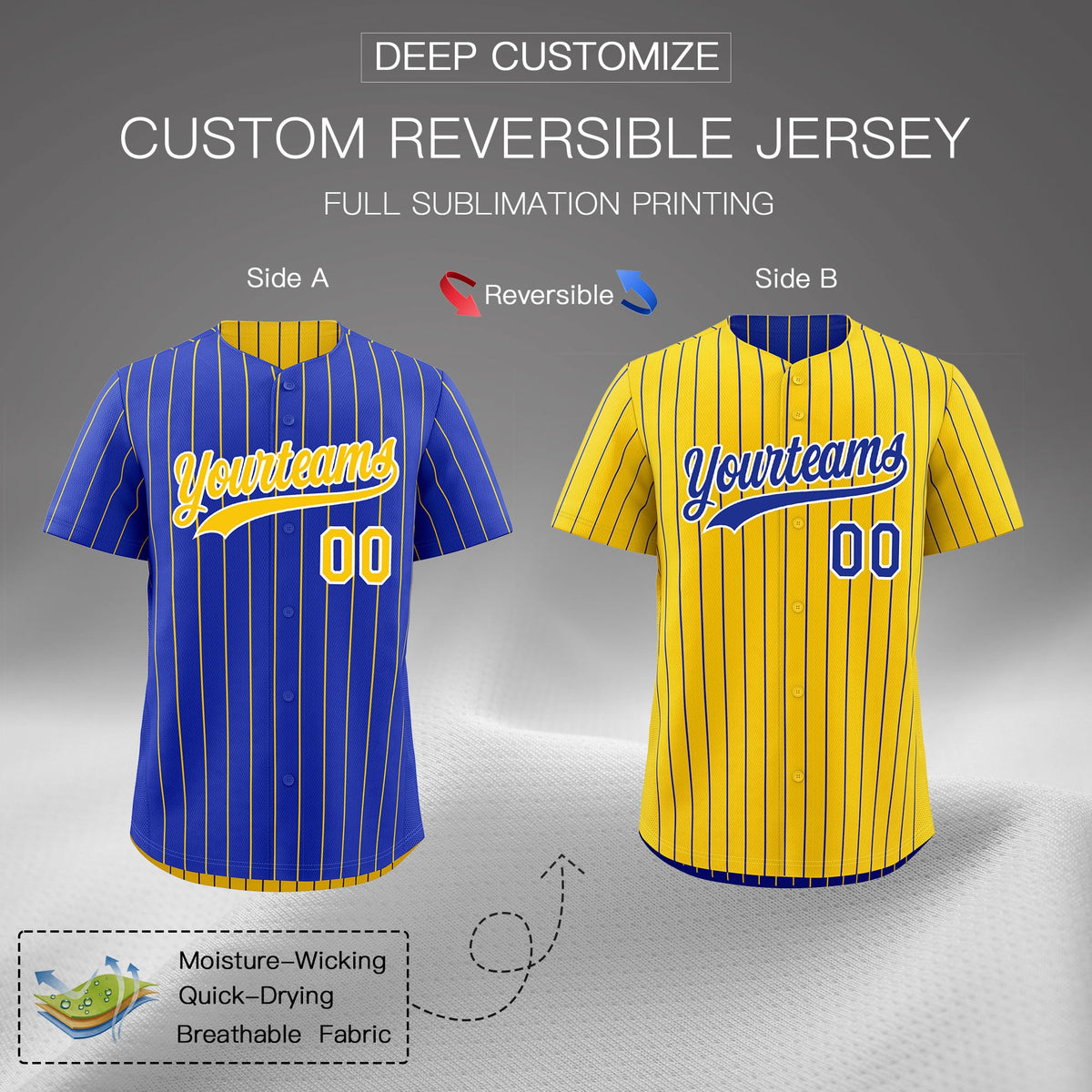 Custom Gold White Royal Blue Reversible Stripe Fashion Baseball Jersey| KXKSHOP