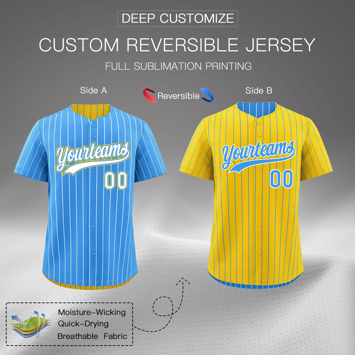 Custom White Powder Blue Gold Reversible Stripe Fashion Baseball Jersey| KXKSHOP