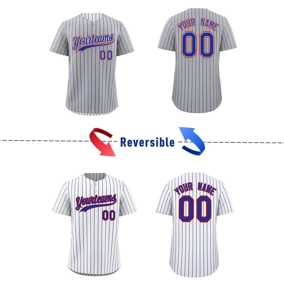 Custom Royal Blue White Red Reversible Stripe Fashion Baseball Jersey| KXKSHOP