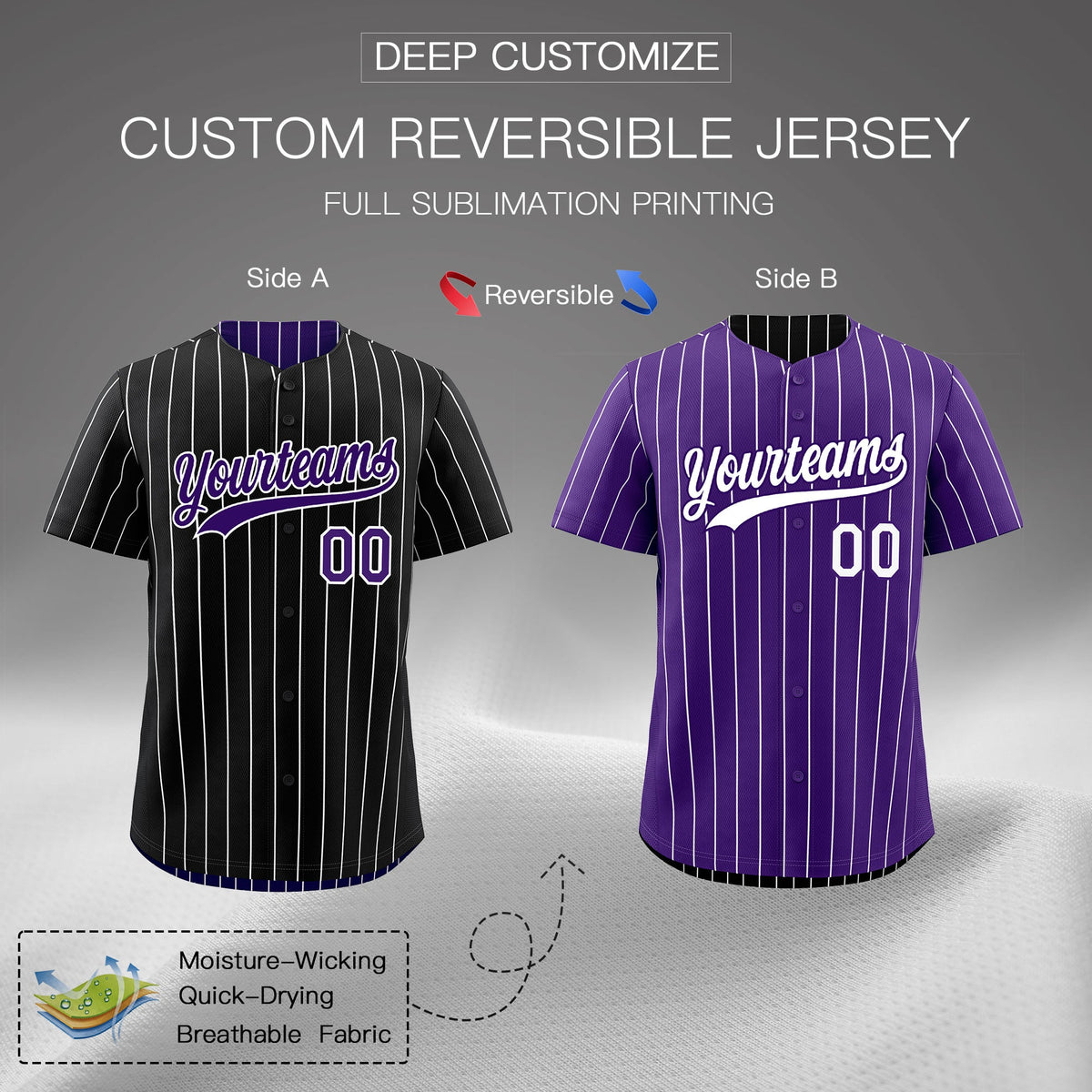 Custom Black Purple Purple White Reversible Stripe Fashion Baseball Jersey| KXKSHOP