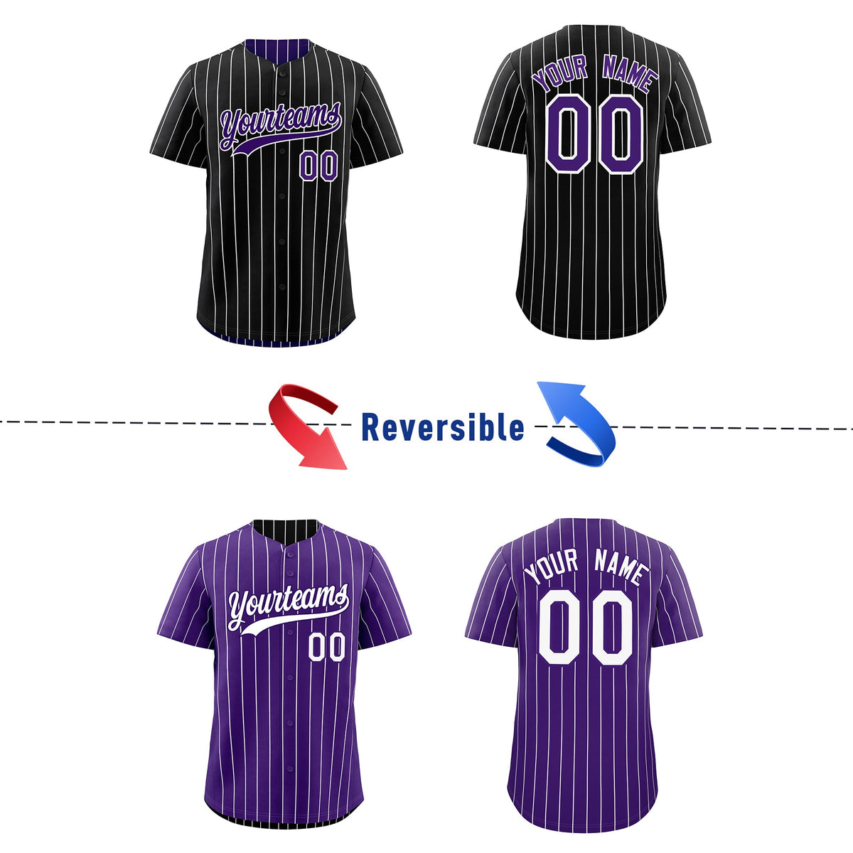 Custom Black Purple Purple White Reversible Stripe Fashion Baseball Jersey| KXKSHOP