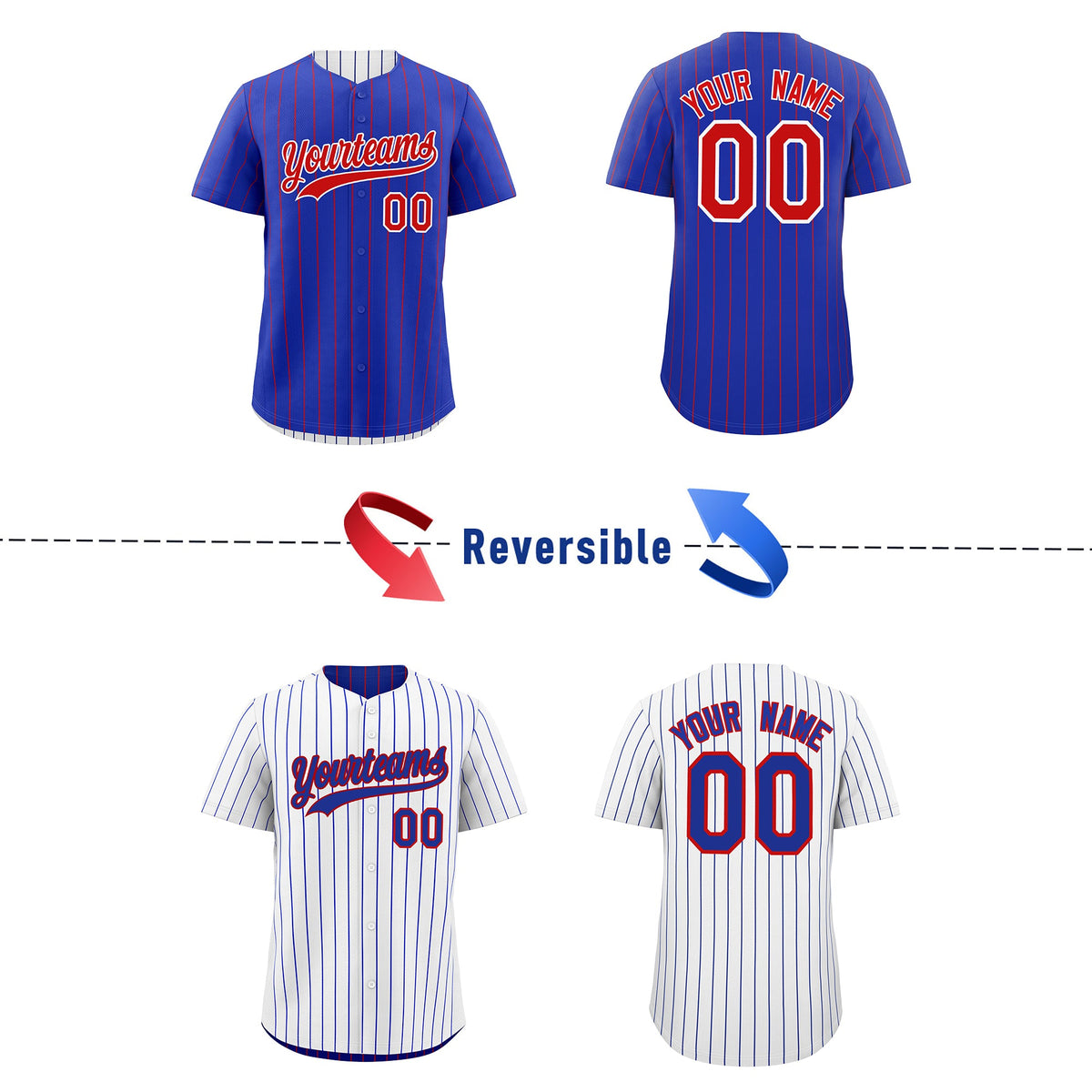 Custom Red White Royal Blue Reversible Stripe Fashion Baseball Jersey| KXKSHOP