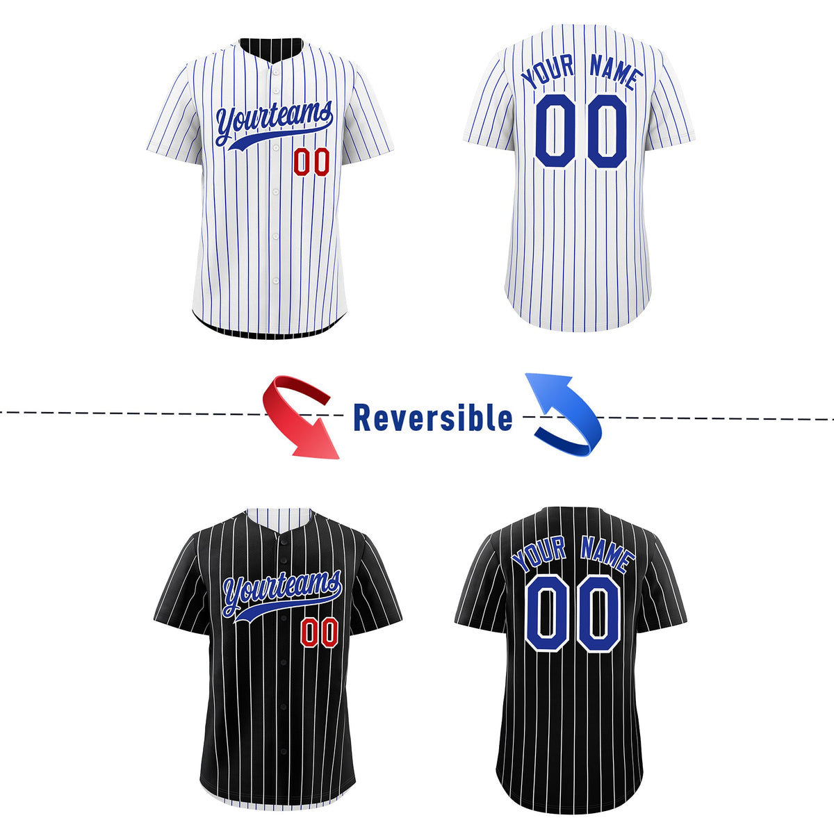 Custom Royal Blue White Reversible Stripe Fashion Baseball Jersey| KXKSHOP