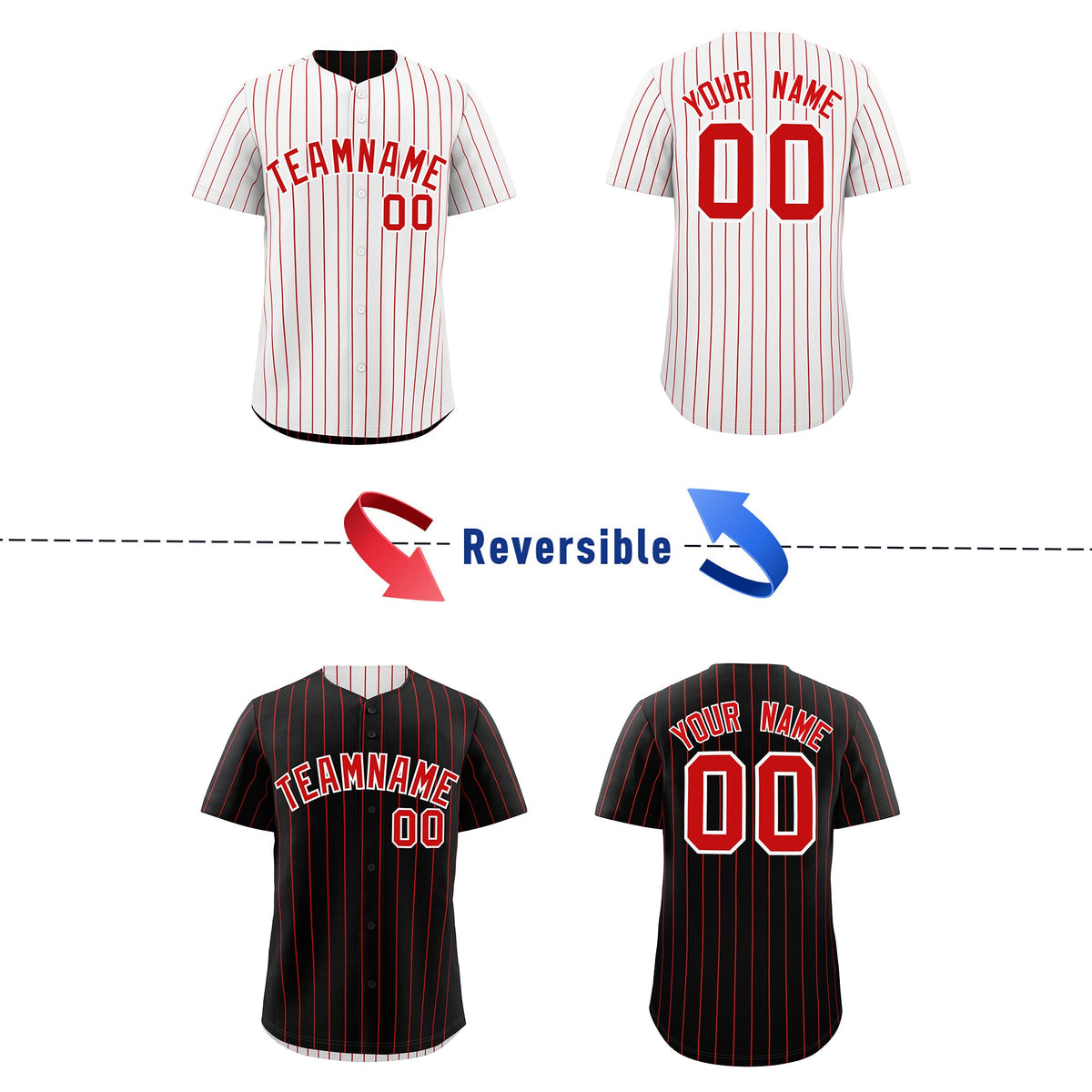 Custom Red White Reversible Stripe Fashion Baseball Jersey| KXKSHOP
