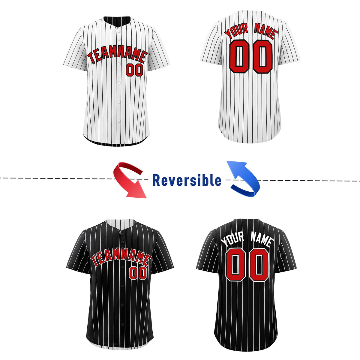 Custom Red Black White Reversible Stripe Fashion Baseball Jersey| KXKSHOP