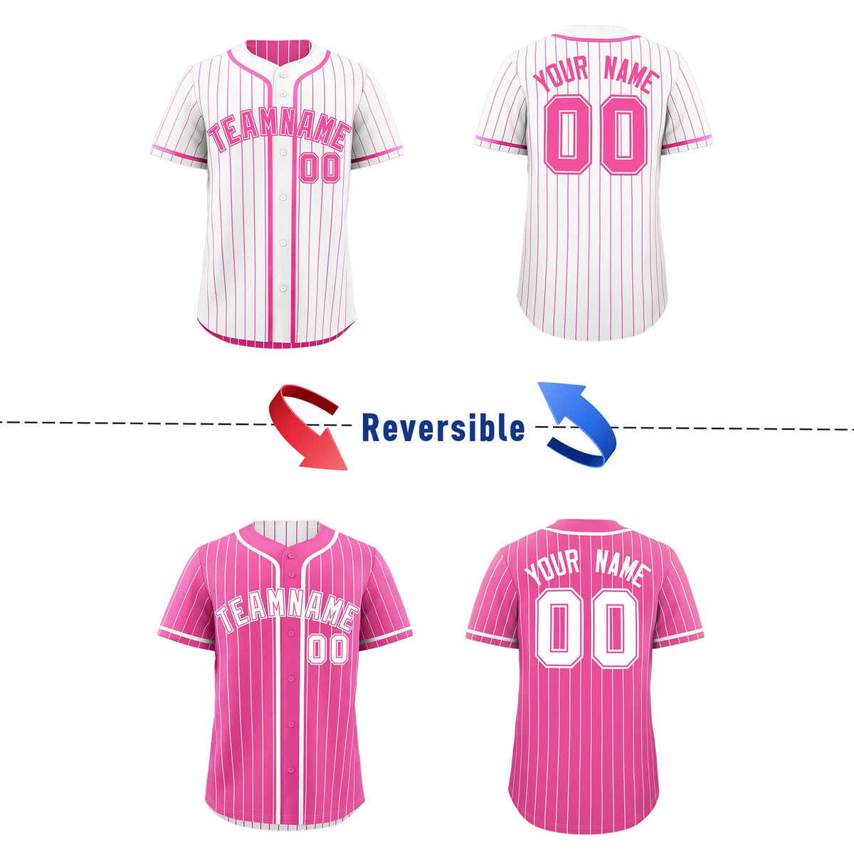 Custom Pink White Reversible Stripe Fashion Baseball Jersey| KXKSHOP