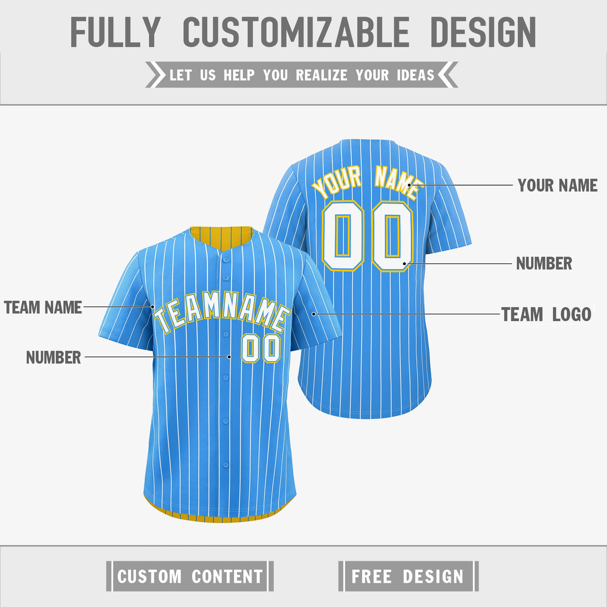 Custom White Powder Blue Gold Reversible Stripe Fashion Baseball Jersey| KXKSHOP