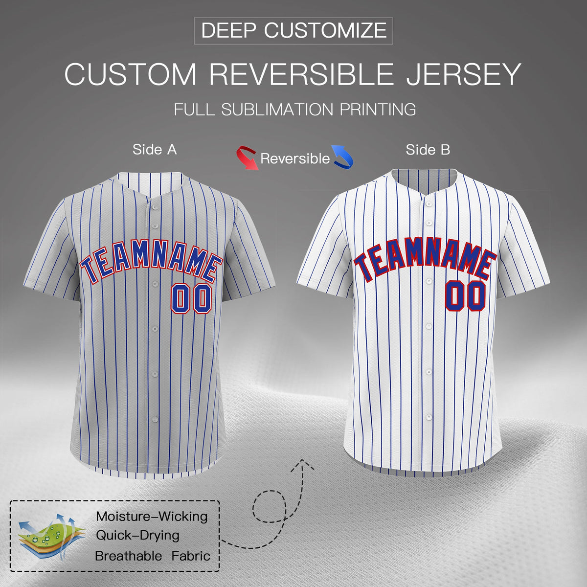 Custom Royal Blue White Red Reversible Stripe Fashion Baseball Jersey| KXKSHOP