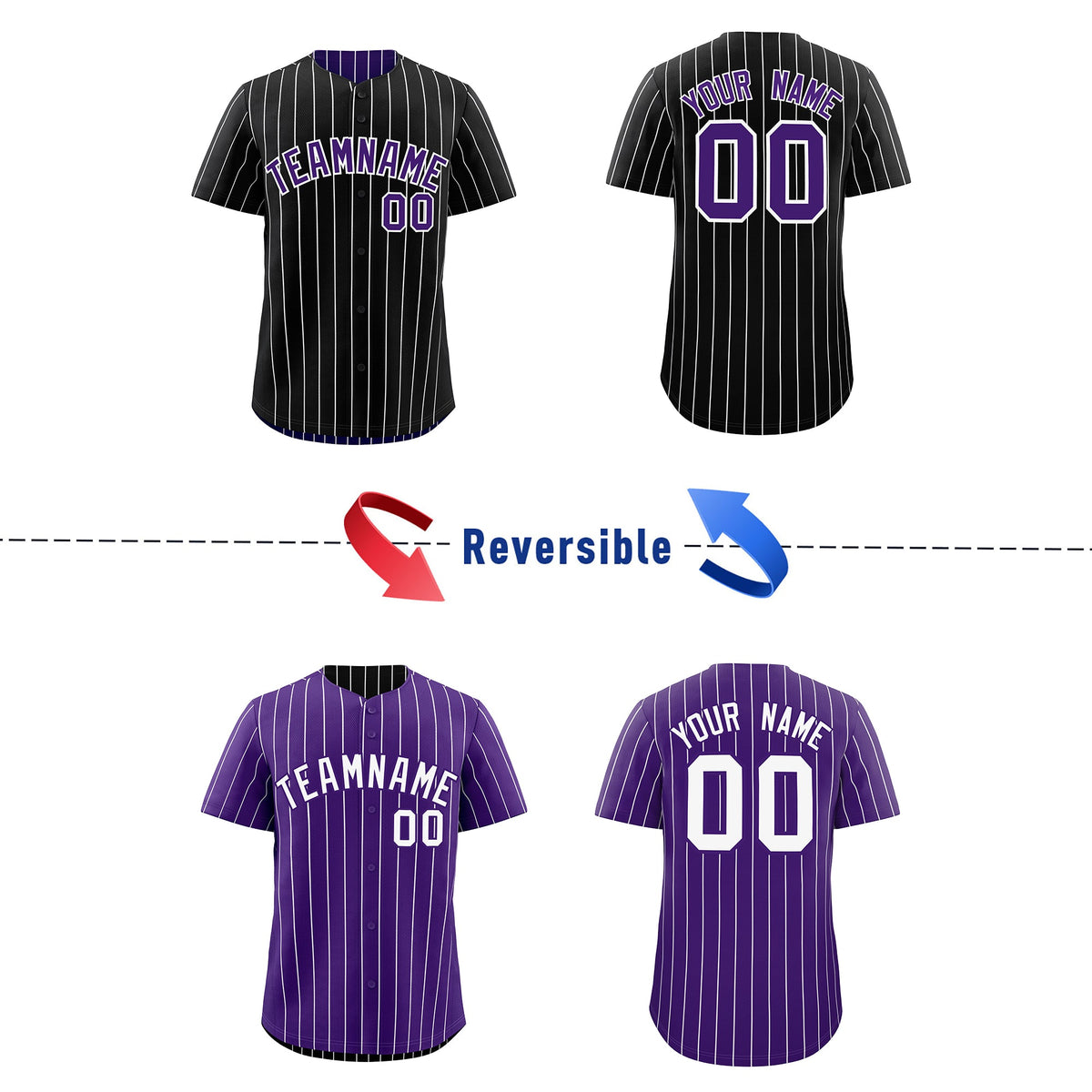 Custom Black Purple Purple White Reversible Stripe Fashion Baseball Jersey| KXKSHOP