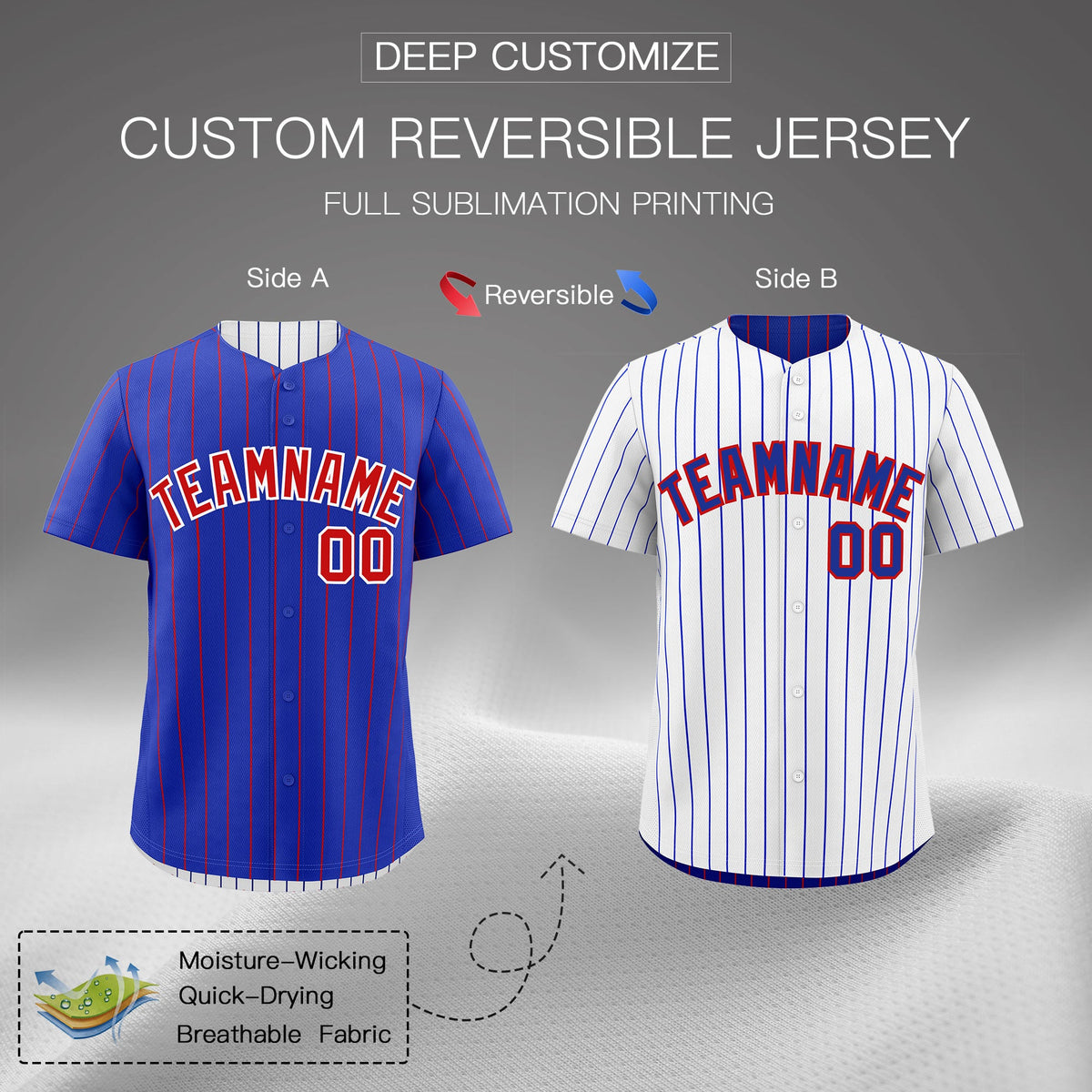 Custom Red White Royal Blue Reversible Stripe Fashion Baseball Jersey| KXKSHOP