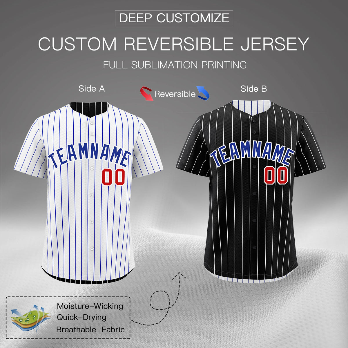 Custom Royal Blue White Reversible Stripe Fashion Baseball Jersey| KXKSHOP