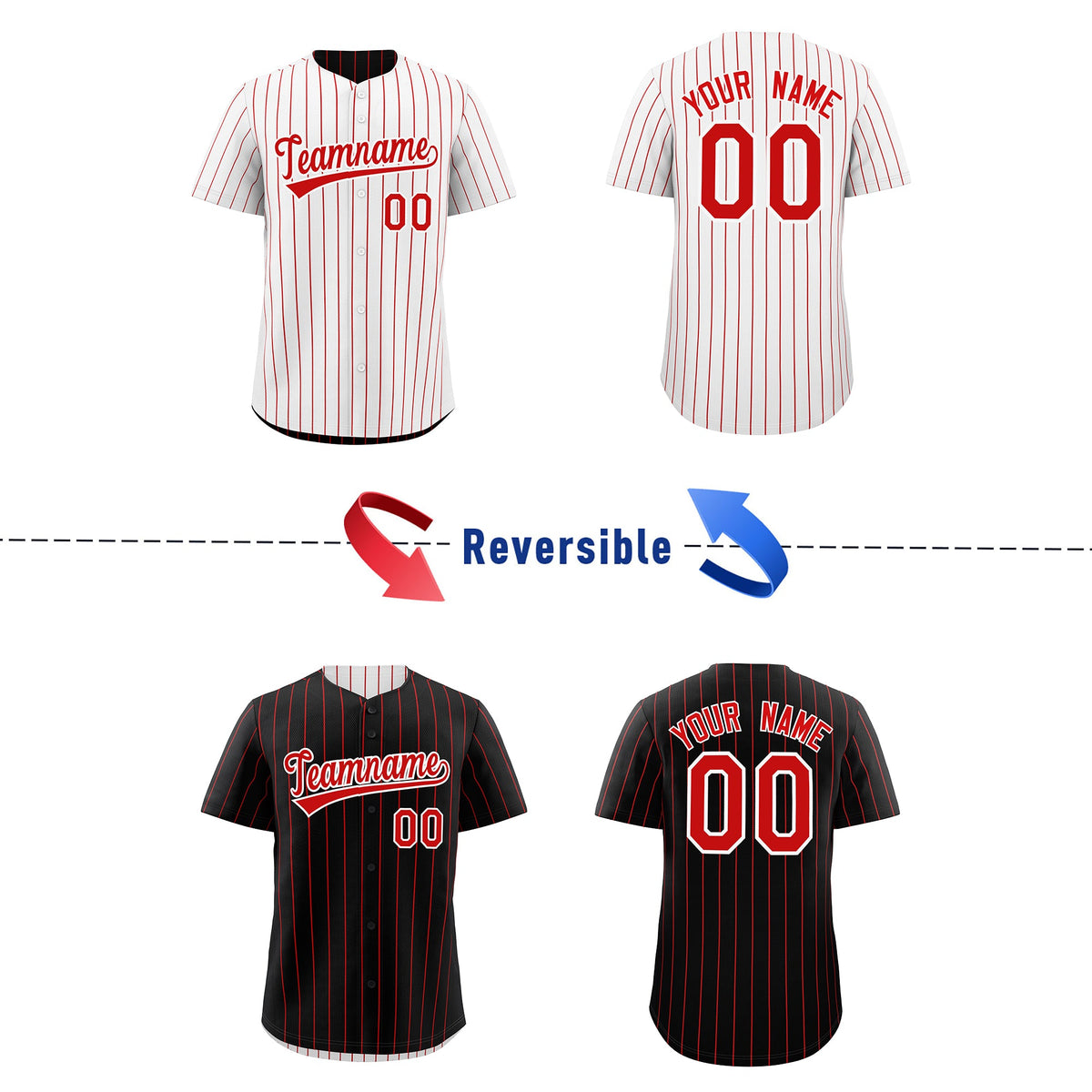 Custom Red White Reversible Stripe Fashion Baseball Jersey| KXKSHOP