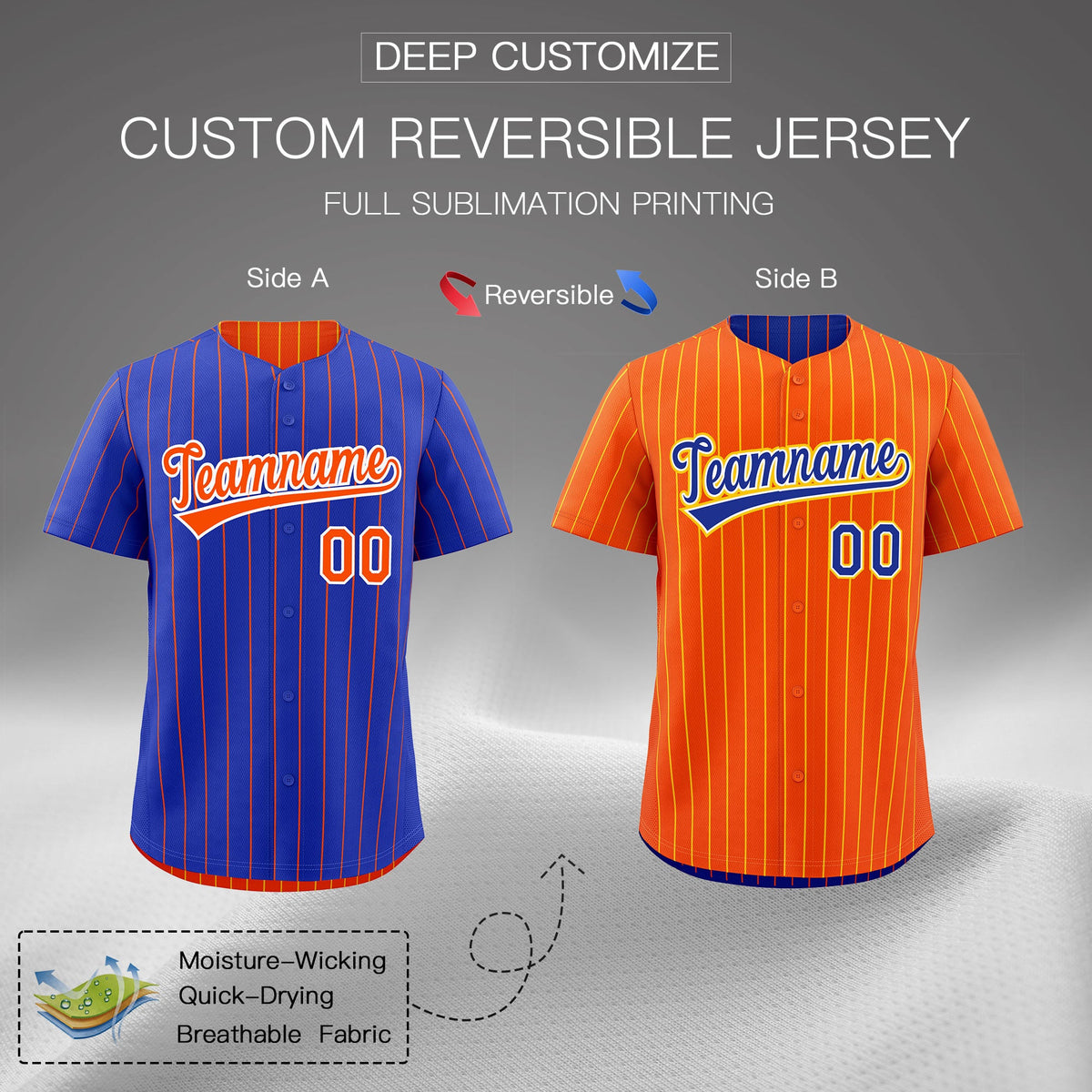 Custom Orange White Royal Blue Reversible Stripe Fashion Baseball Jersey| KXKSHOP