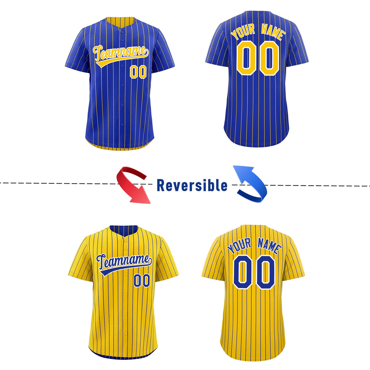Custom Gold White Royal Blue Reversible Stripe Fashion Baseball Jersey| KXKSHOP