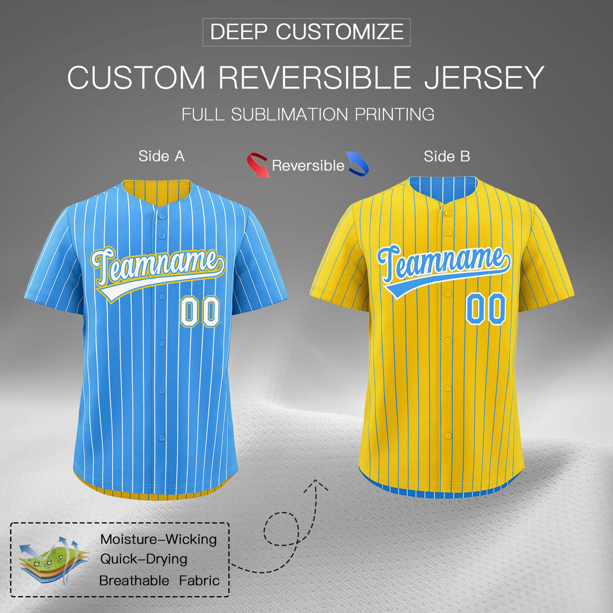 Custom White Powder Blue Gold Reversible Stripe Fashion Baseball Jersey| KXKSHOP