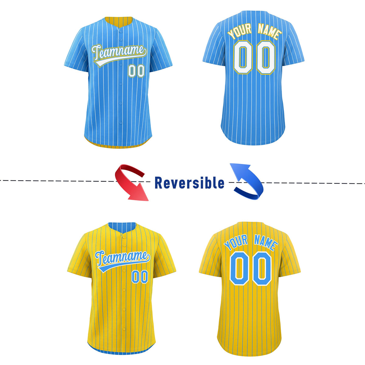 Custom White Powder Blue Gold Reversible Stripe Fashion Baseball Jersey| KXKSHOP