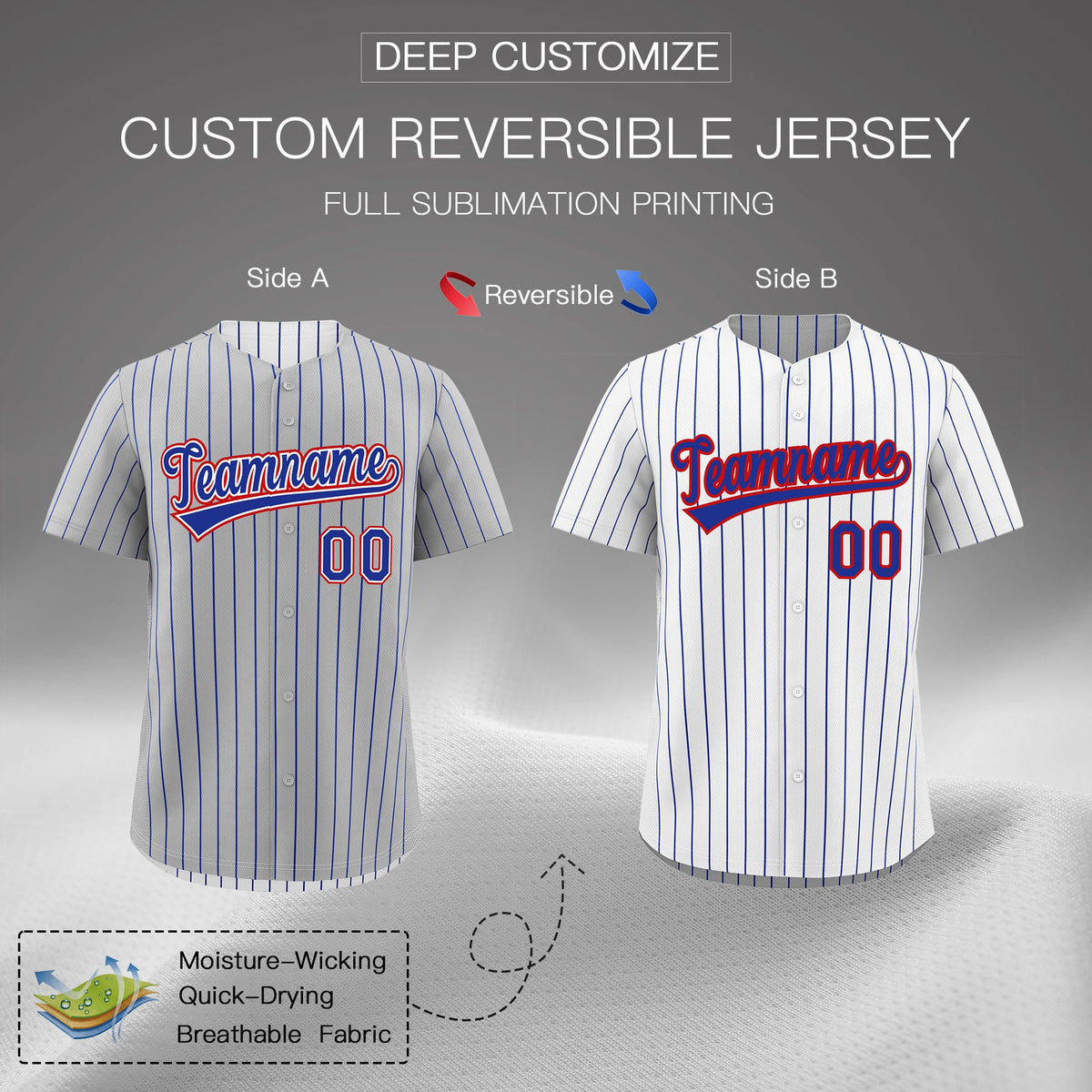 Custom Royal Blue White Red Reversible Stripe Fashion Baseball Jersey| KXKSHOP