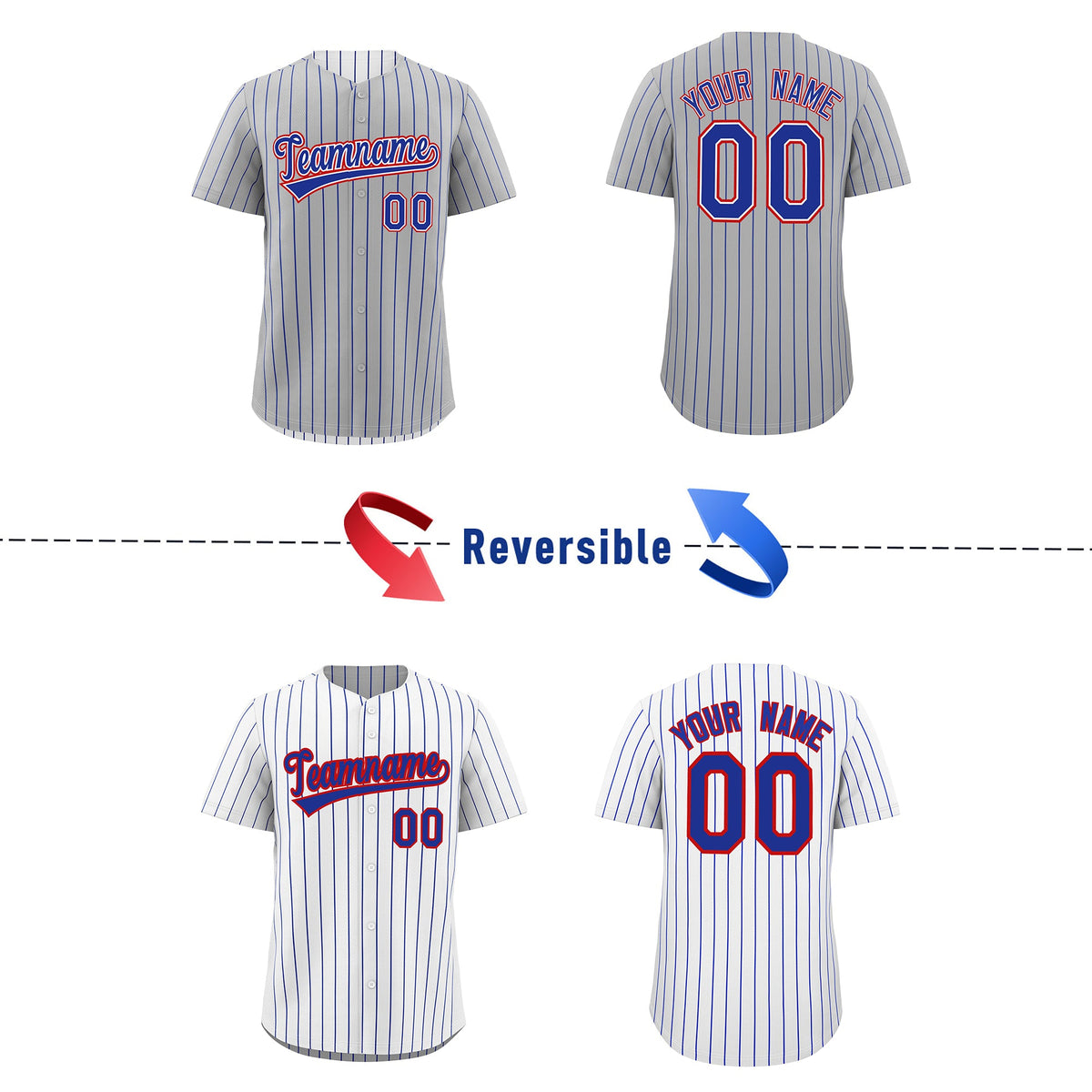 Custom Royal Blue White Red Reversible Stripe Fashion Baseball Jersey| KXKSHOP