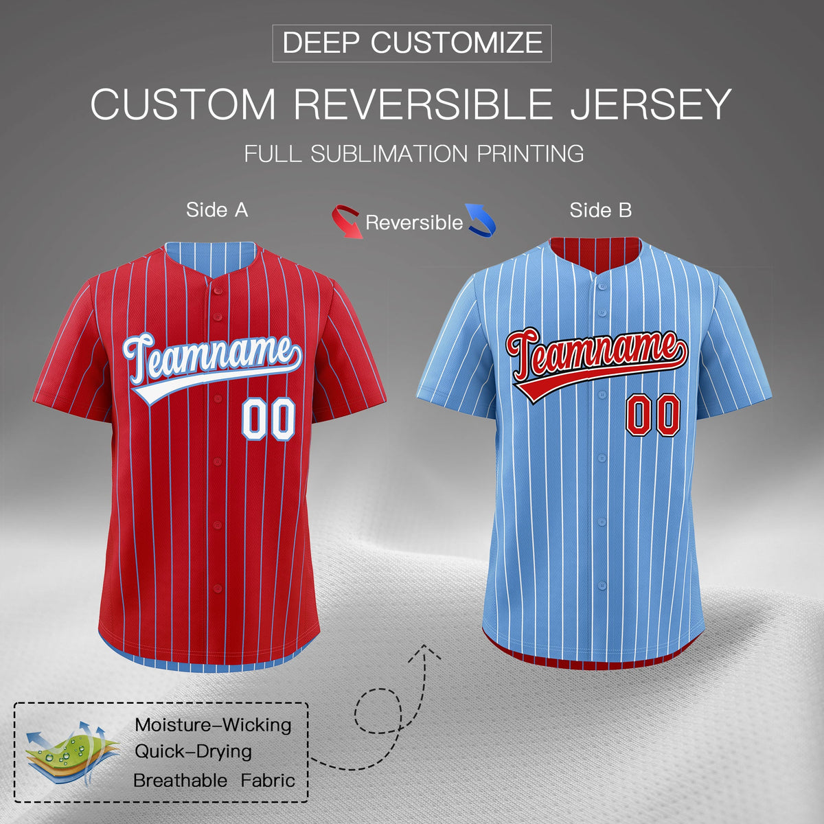 Custom White Light Blue Red Reversible Stripe Fashion Baseball Jersey| KXKSHOP
