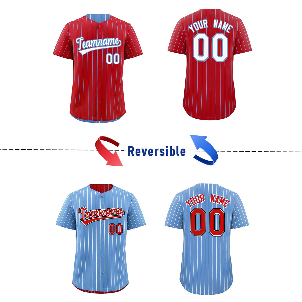 Custom White Light Blue Red Reversible Stripe Fashion Baseball Jersey| KXKSHOP