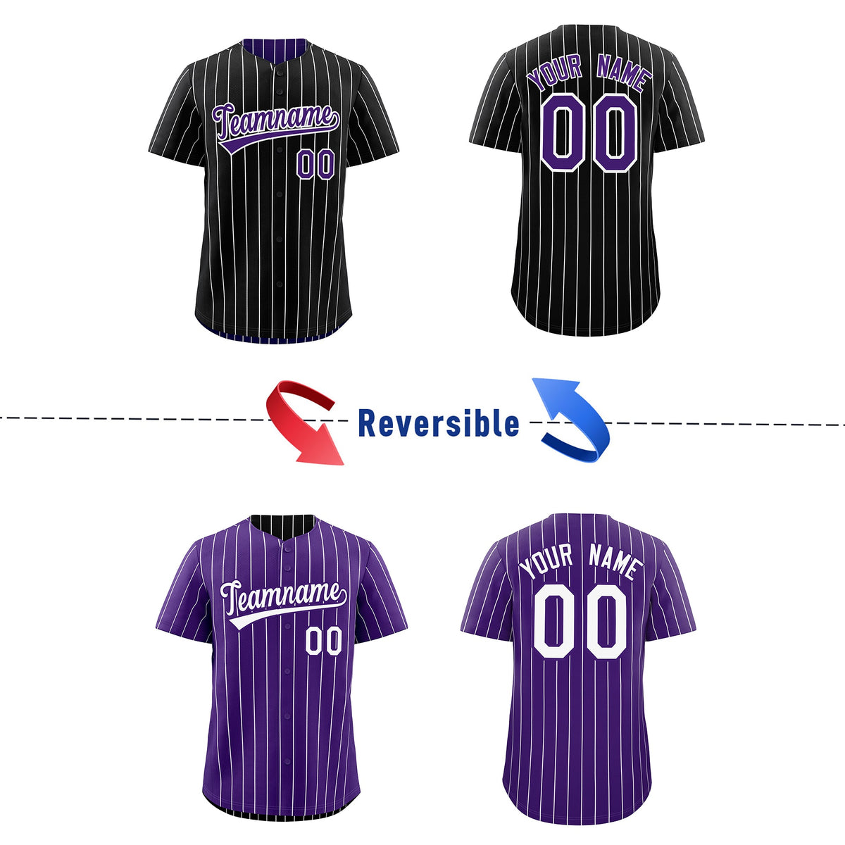 Custom Black Purple Purple White Reversible Stripe Fashion Baseball Jersey| KXKSHOP