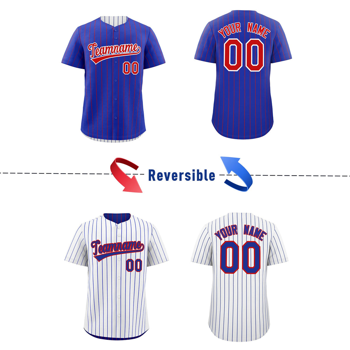 Custom Red White Royal Blue Reversible Stripe Fashion Baseball Jersey| KXKSHOP