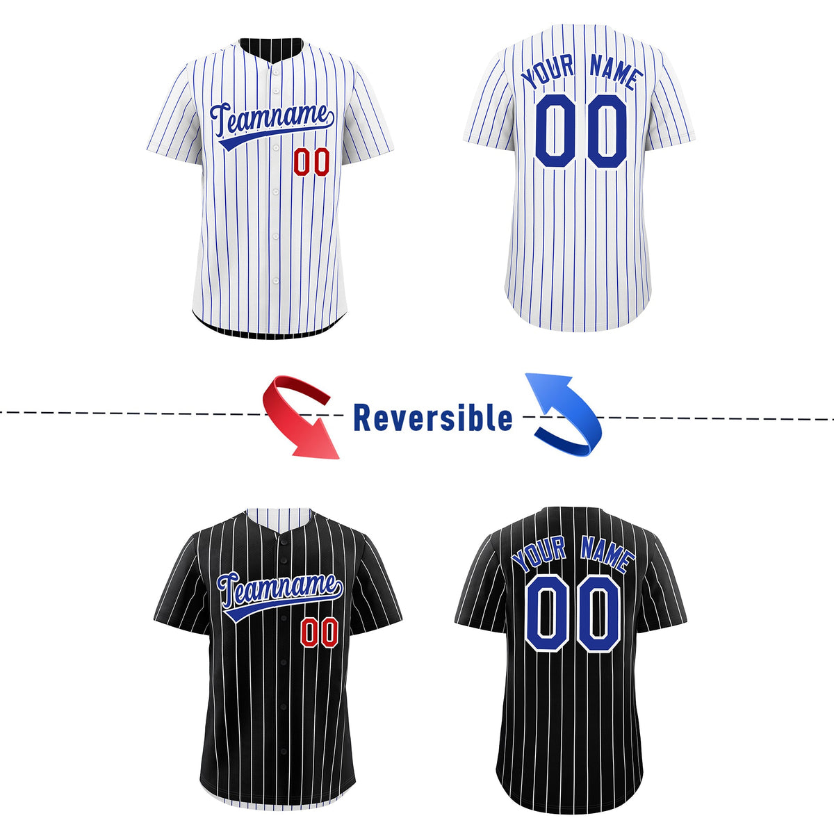 Custom Royal Blue White Reversible Stripe Fashion Baseball Jersey| KXKSHOP