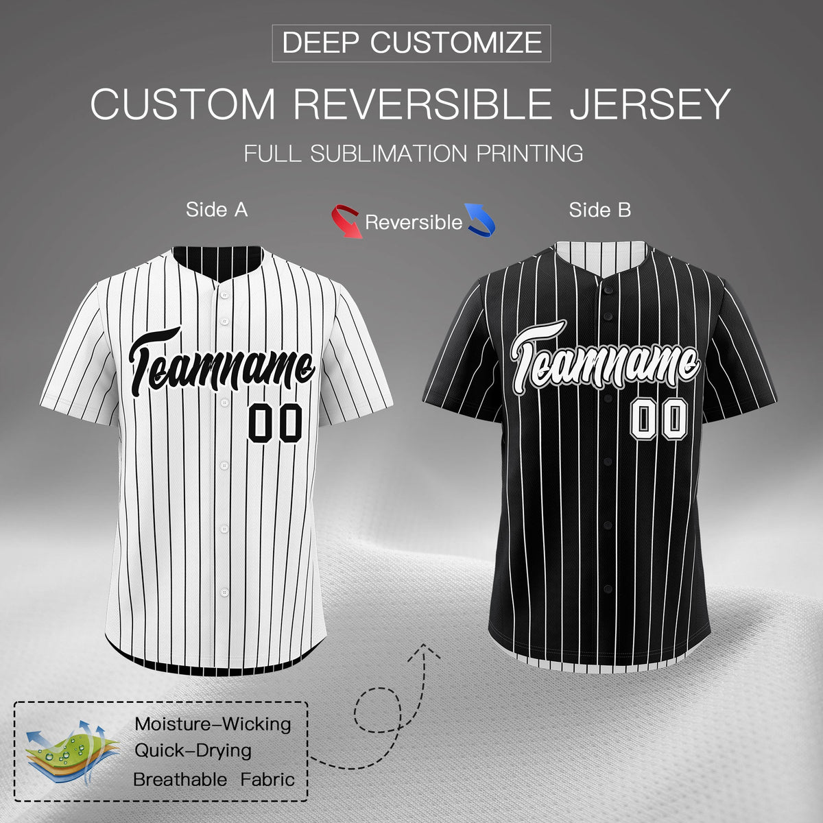 Custom Black White Reversible Stripe Fashion Baseball Jersey| KXKSHOP