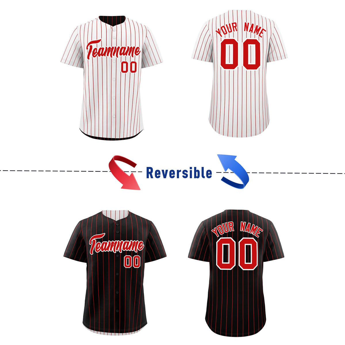 Custom Red White Reversible Stripe Fashion Baseball Jersey| KXKSHOP