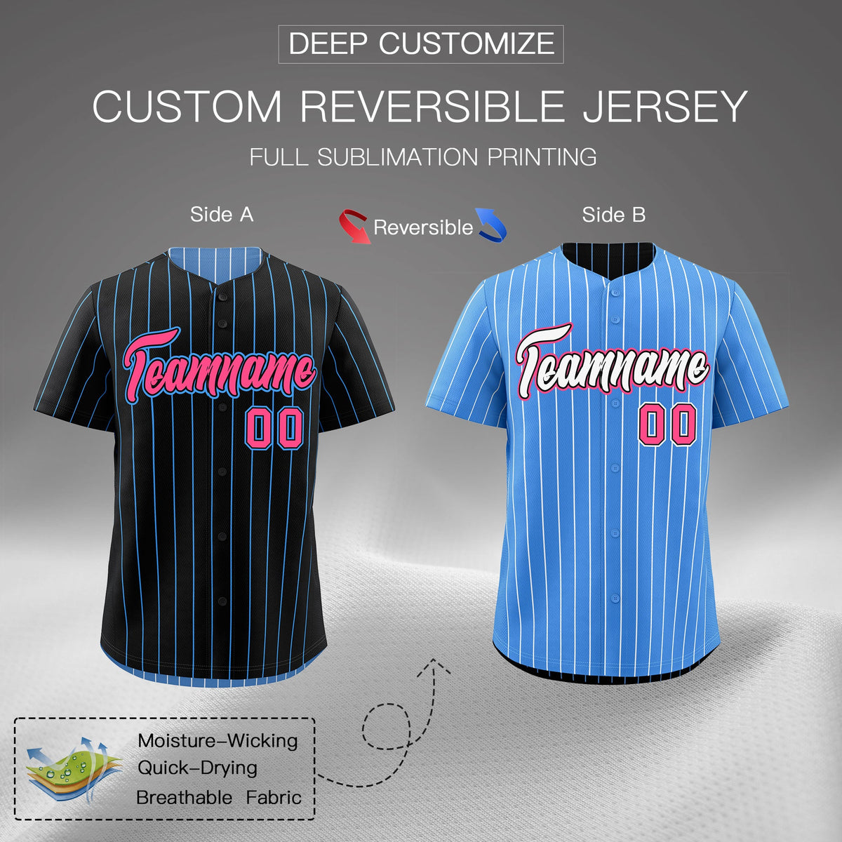 Custom Pink Black Powder Blue Reversible Stripe Fashion Baseball Jersey| KXKSHOP