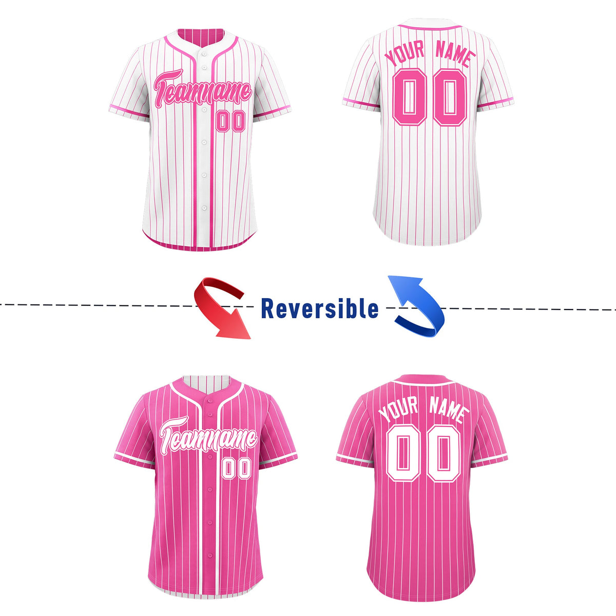 Custom Pink White Reversible Stripe Fashion Baseball Jersey| KXKSHOP