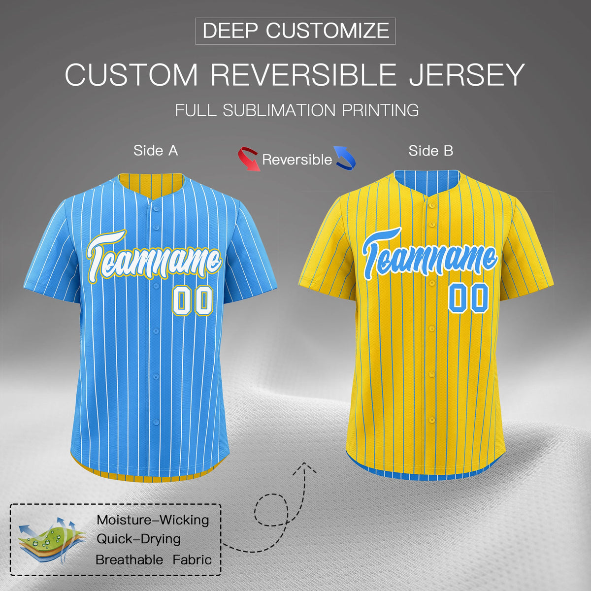 Custom White Powder Blue Gold Reversible Stripe Fashion Baseball Jersey| KXKSHOP
