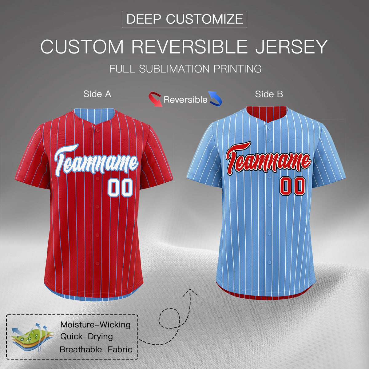 Custom White Light Blue Red Reversible Stripe Fashion Baseball Jersey| KXKSHOP