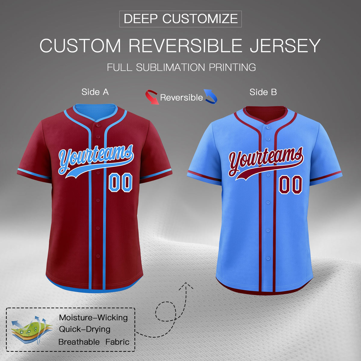 Custom Powder Blue White Reversible Classic Style Moisture-Wicking Baseball Jersey| KXKSHOP