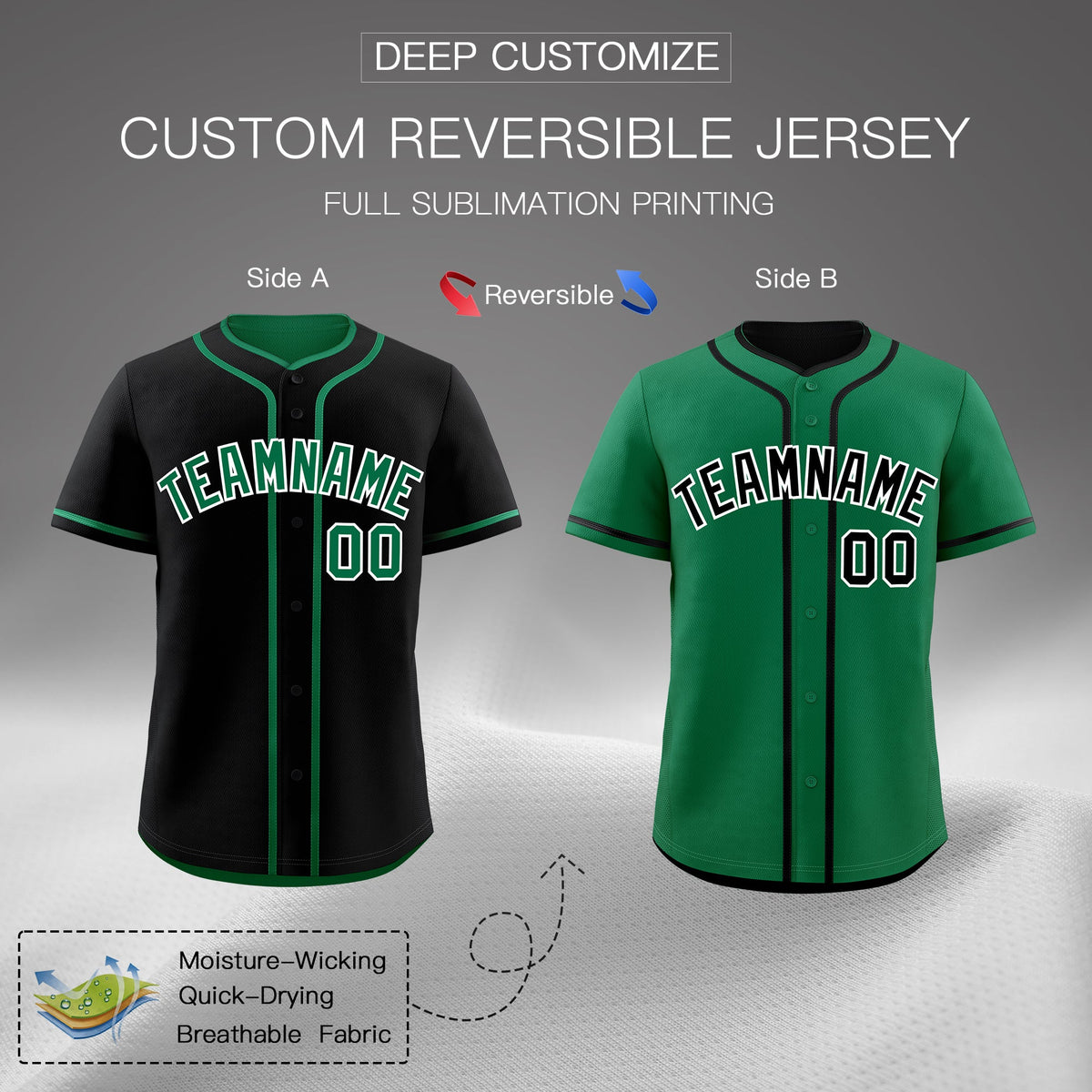 Custom Kelly Green Black Reversible Classic Style Lightweight Baseball Jersey| KXKSHOP
